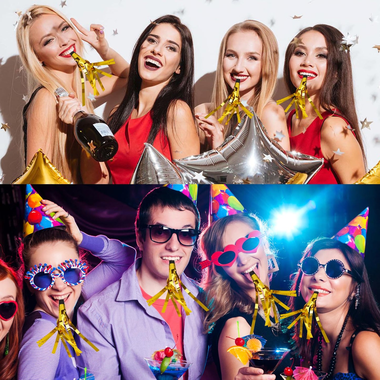 Psxuie Gold Noise Makers 24-Pack – Glitter Fringe Blowers for Adults | Birthday, New Year, Christmas & Sports Events