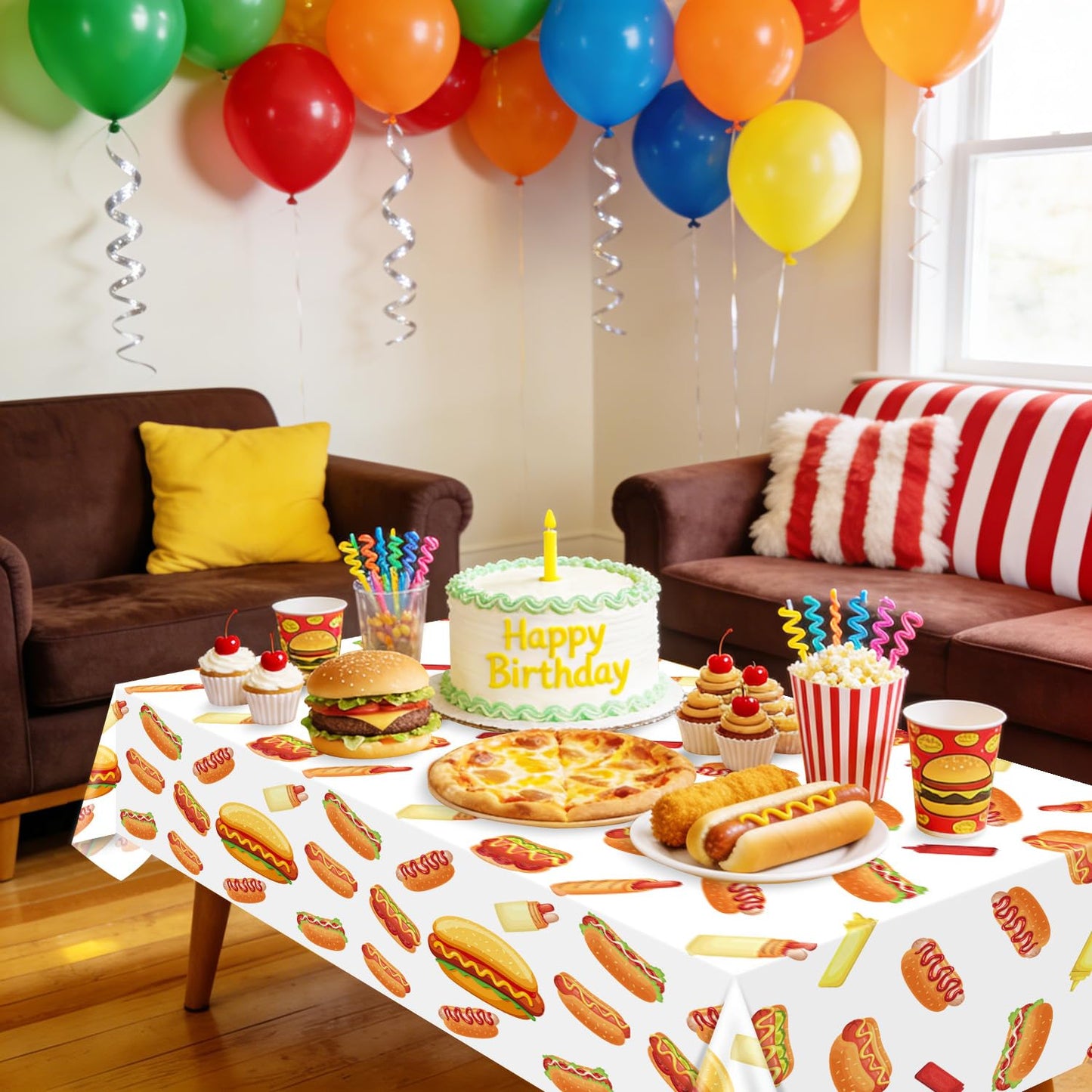 PTECDROTS 4Pcs Hot Dog Tablecloths – Rectangular 51x86in for BBQ, Birthday & Picnic Parties
