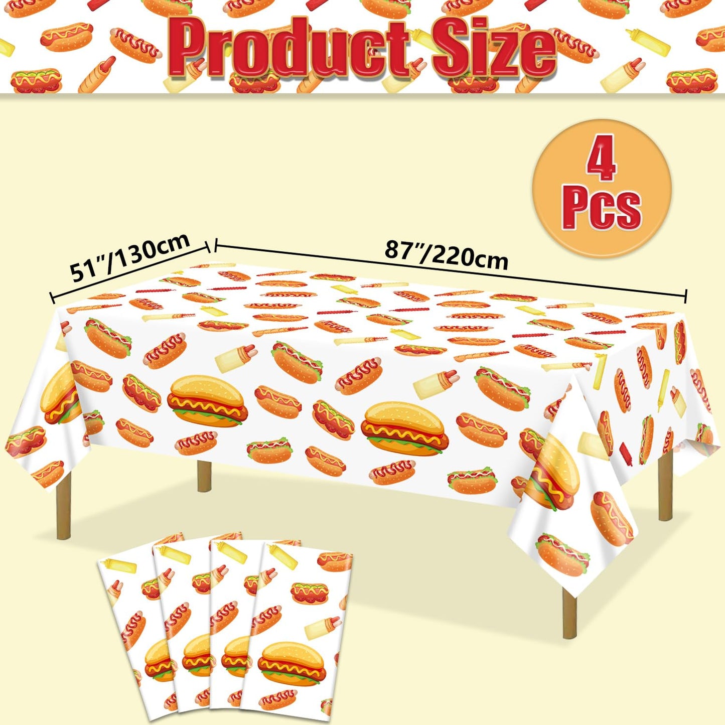 PTECDROTS 4Pcs Hot Dog Tablecloths – Rectangular 51x86in for BBQ, Birthday & Picnic Parties