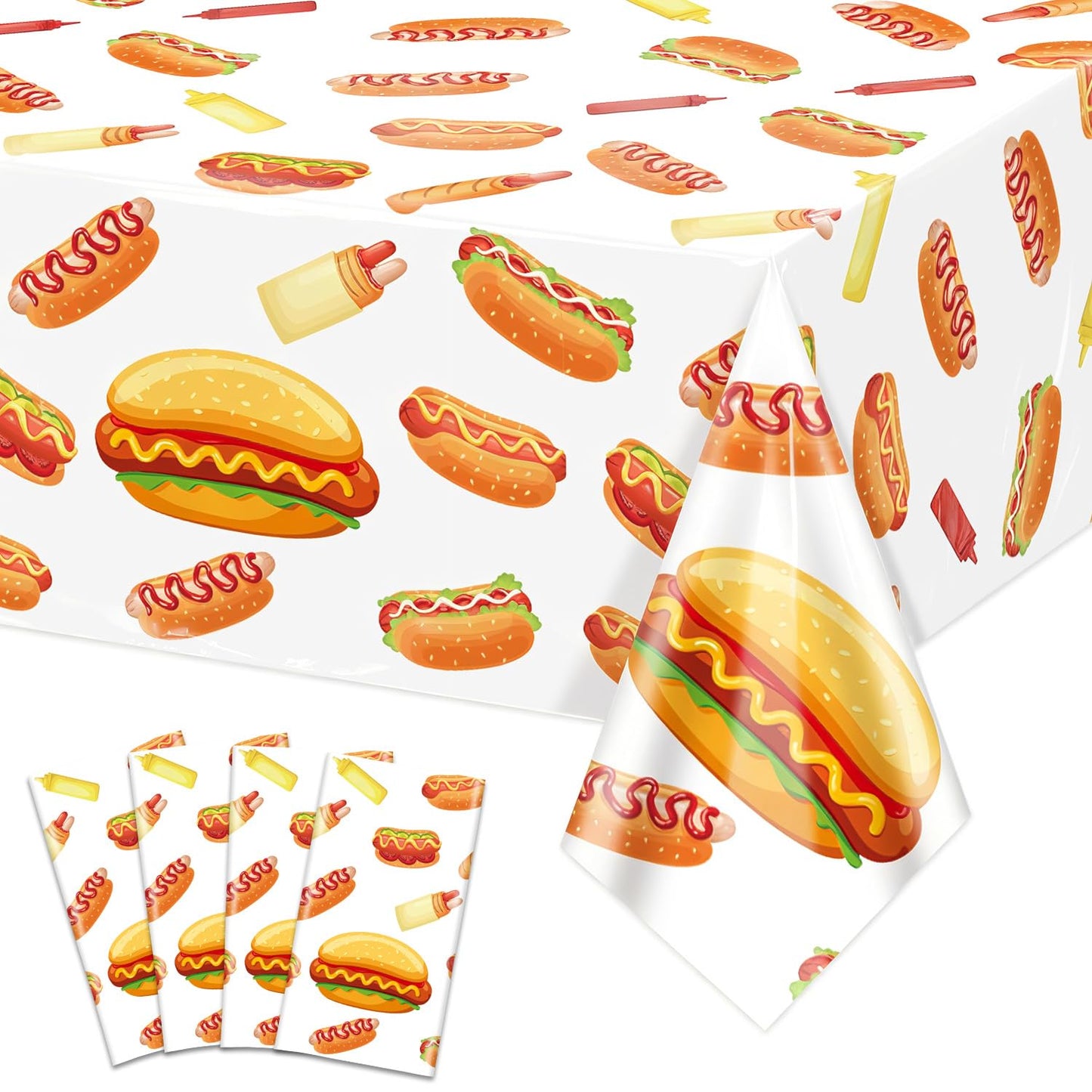 PTECDROTS 4Pcs Hot Dog Tablecloths – Rectangular 51x86in for BBQ, Birthday & Picnic Parties