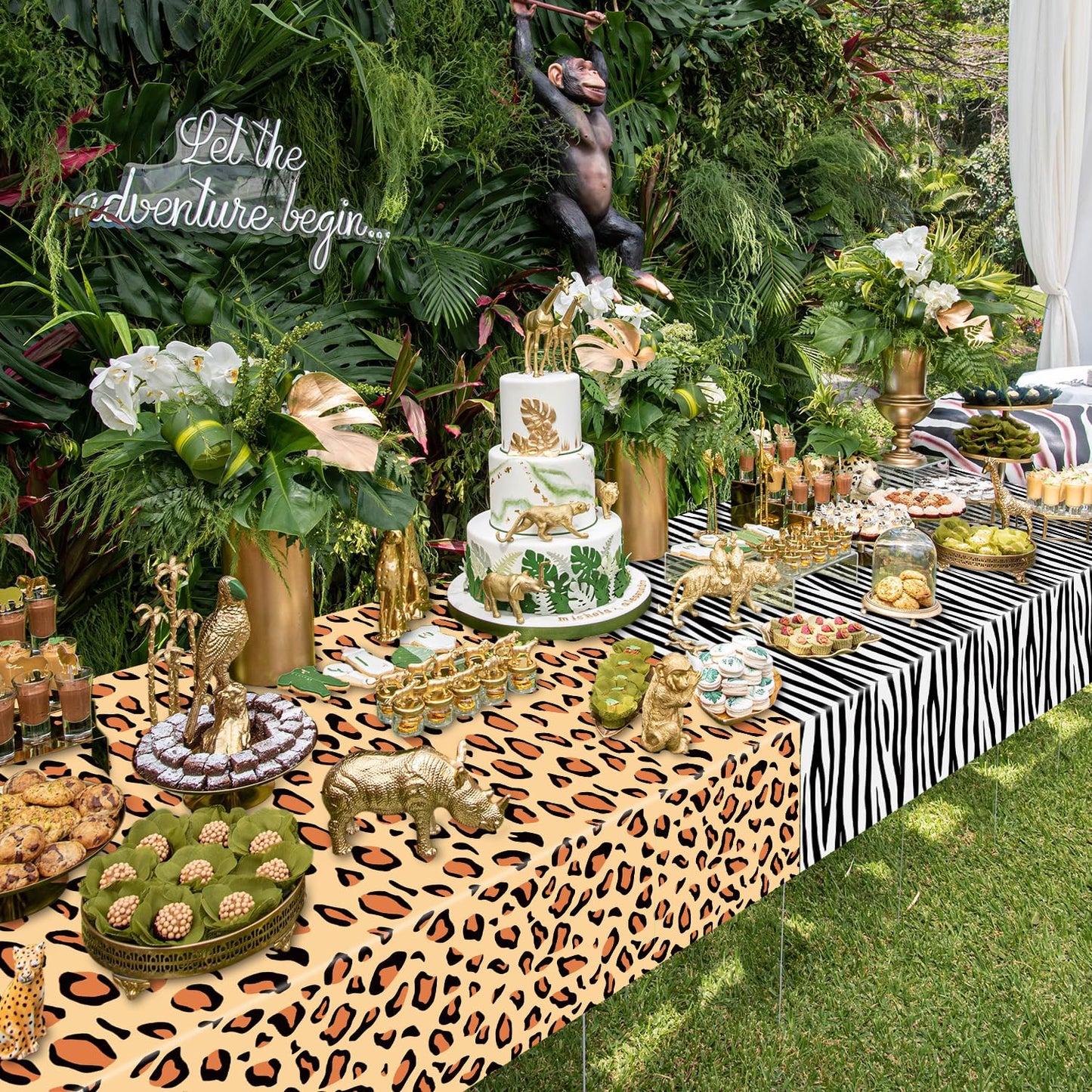 PTECDROTS 4Pcs Animal Print Table Cloths - Jungle Safari Theme, 51x86 Inch (130x220 cm) Leopard Tiger Zebra Giraffe
