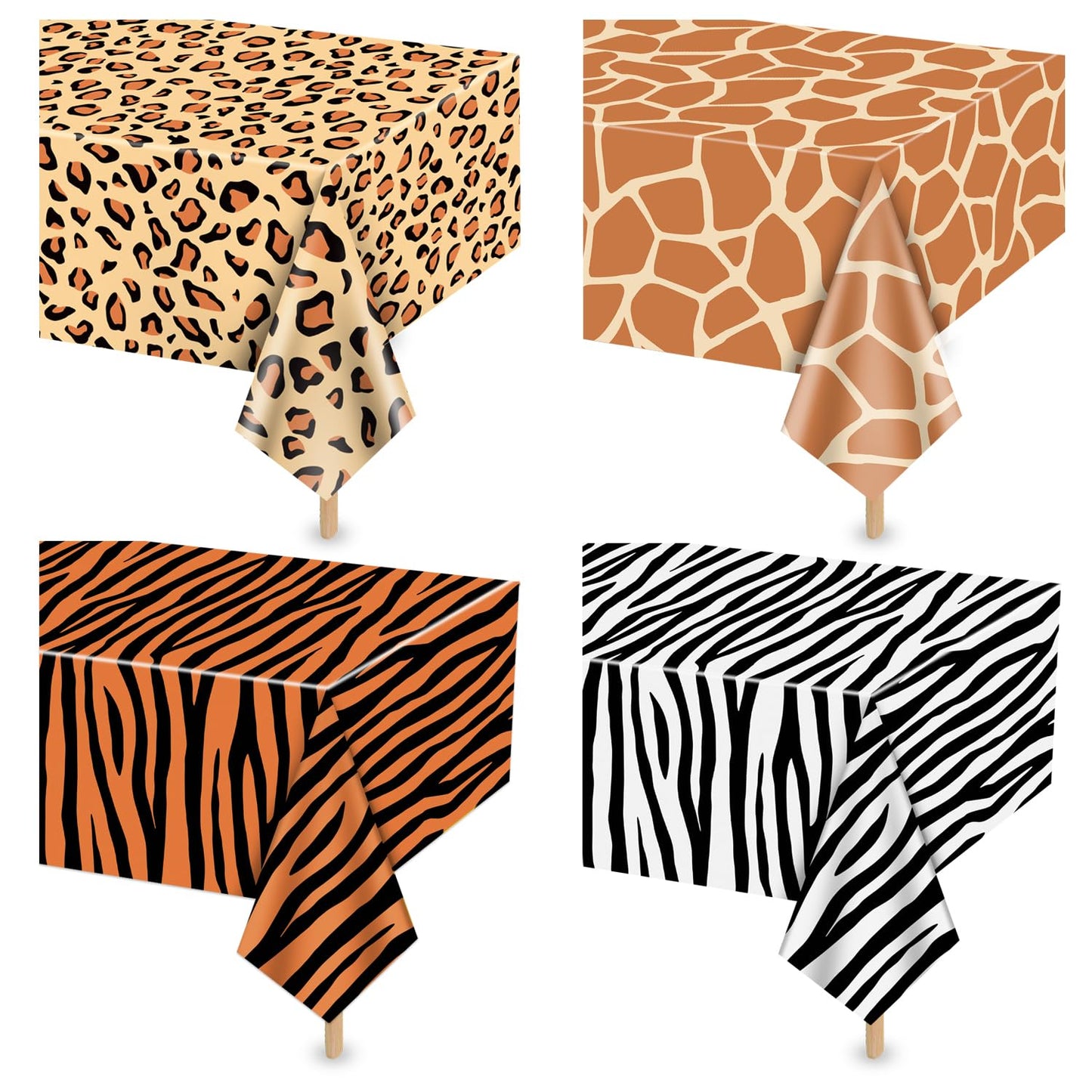 PTECDROTS 4Pcs Animal Print Table Cloths - Jungle Safari Theme, 51x86 Inch (130x220 cm) Leopard Tiger Zebra Giraffe