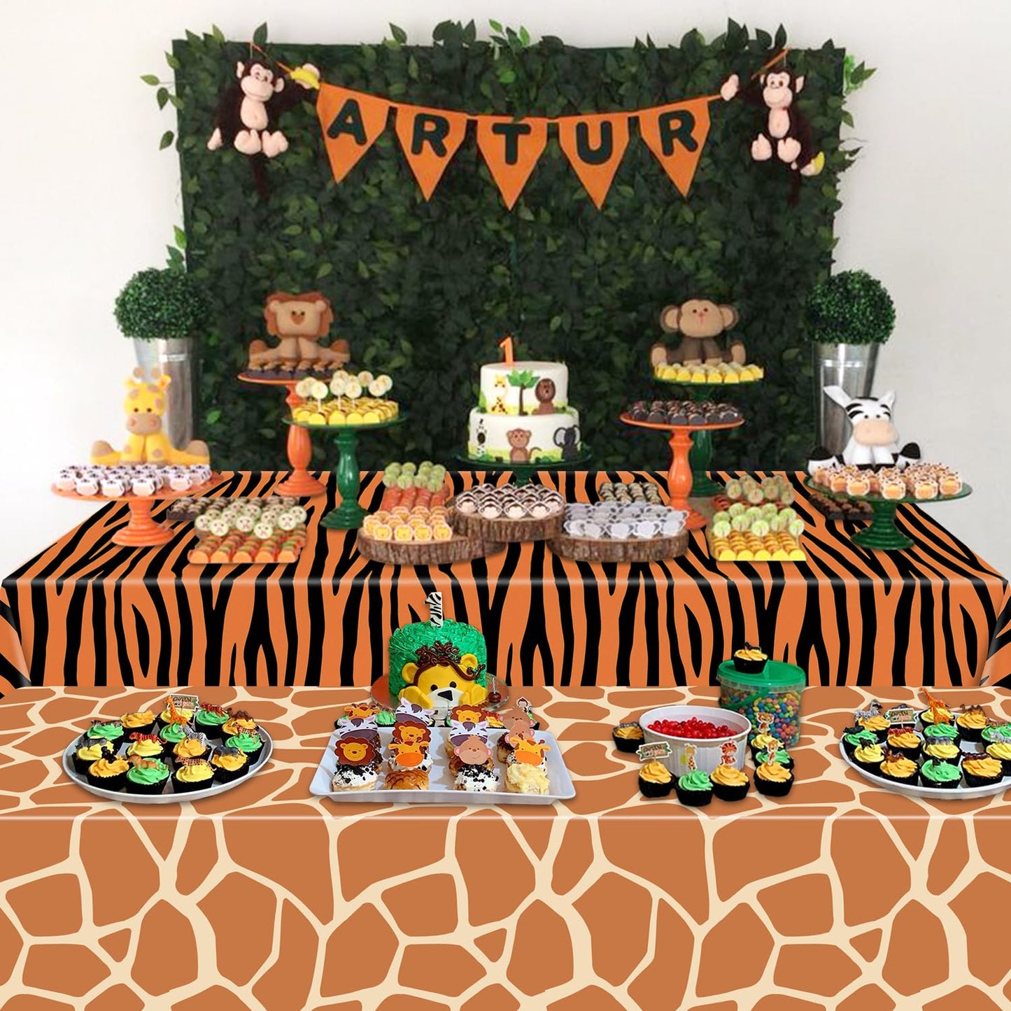PTECDROTS 4Pcs Animal Print Table Cloths - Jungle Safari Theme, 51x86 Inch (130x220 cm) Leopard Tiger Zebra Giraffe