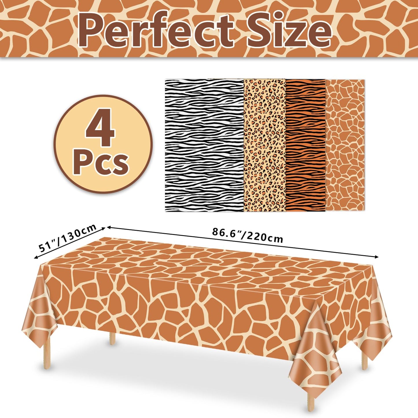 PTECDROTS 4Pcs Animal Print Table Cloths - Jungle Safari Theme, 51x86 Inch (130x220 cm) Leopard Tiger Zebra Giraffe