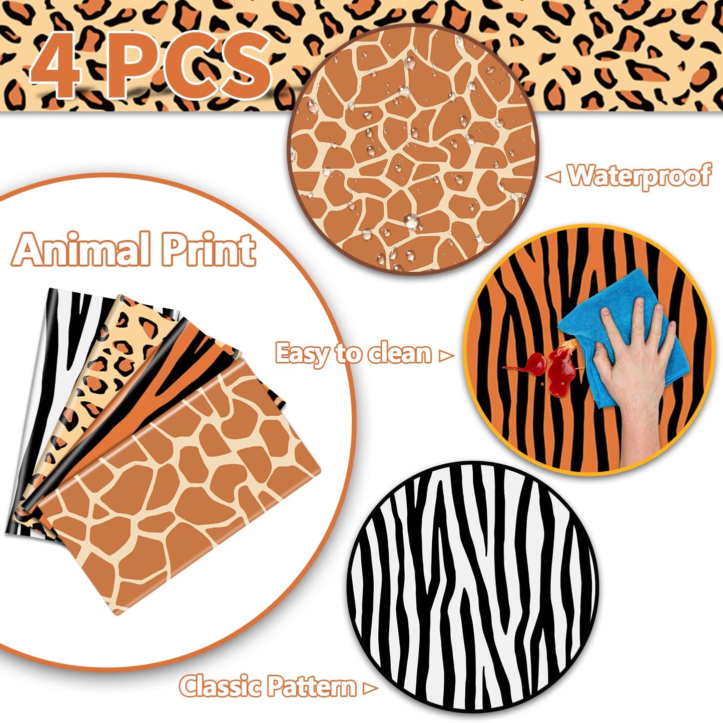 PTECDROTS 4Pcs Animal Print Table Cloths - Jungle Safari Theme, 51x86 Inch (130x220 cm) Leopard Tiger Zebra Giraffe