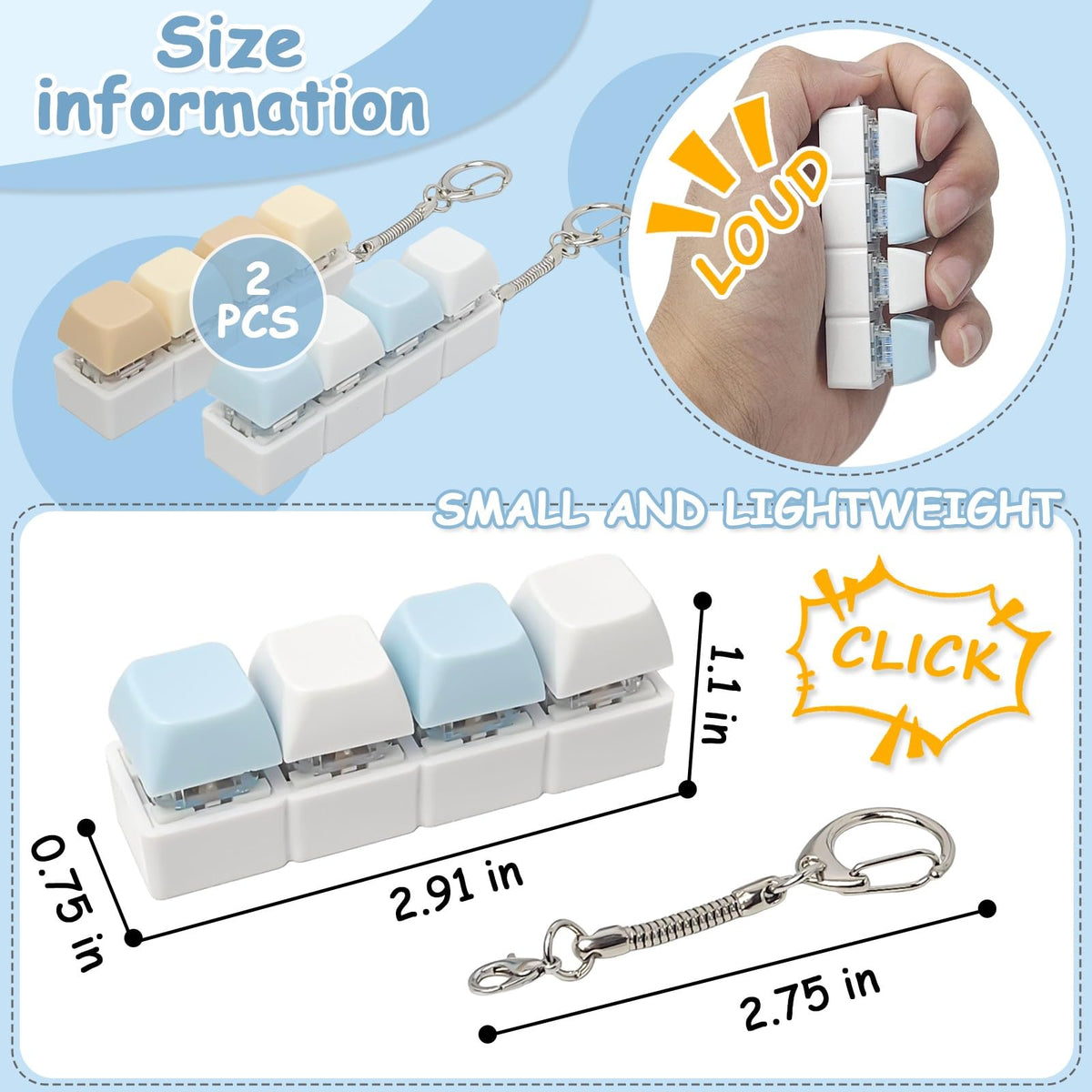 PTHFTAF Keyboard Fidget Toys for Adults - Mechanical Button Keyboard, Sensory Tools for Stress Relief, Portable Keychain (Light Yellow)