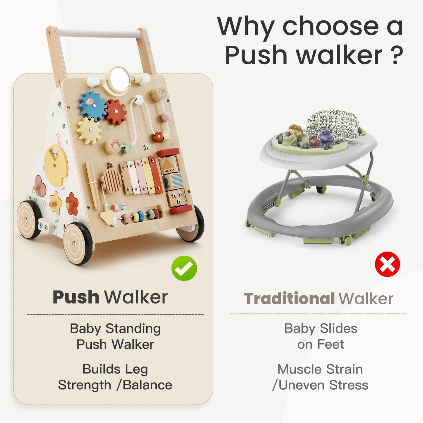 PTINFLUCE Wooden Baby Walker – Adjustable Speed & Height Montessori Push Toy