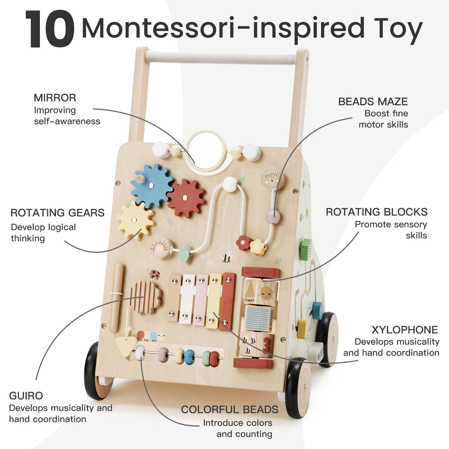 PTINFLUCE Wooden Baby Walker – Adjustable Speed & Height Montessori Push Toy
