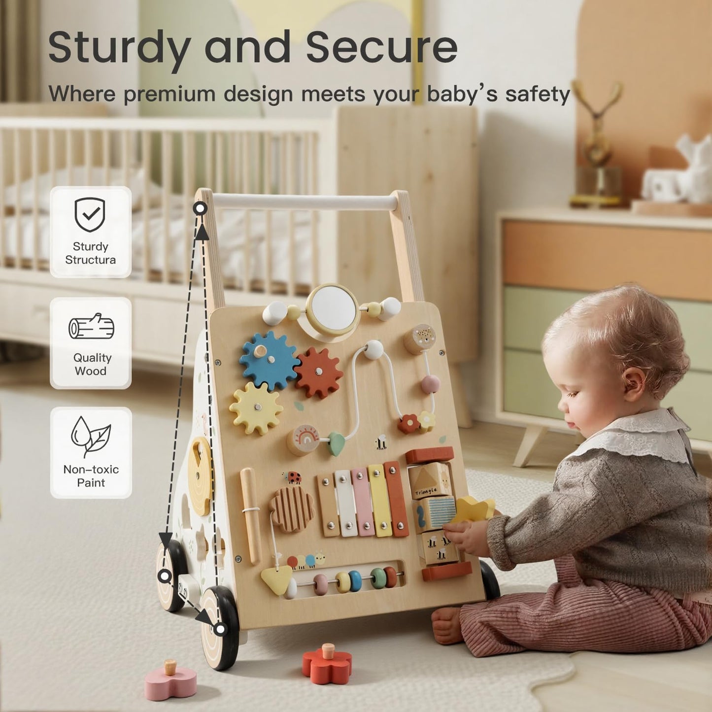 PTINFLUCE Wooden Baby Walker – Adjustable Speed & Height Montessori Push Toy