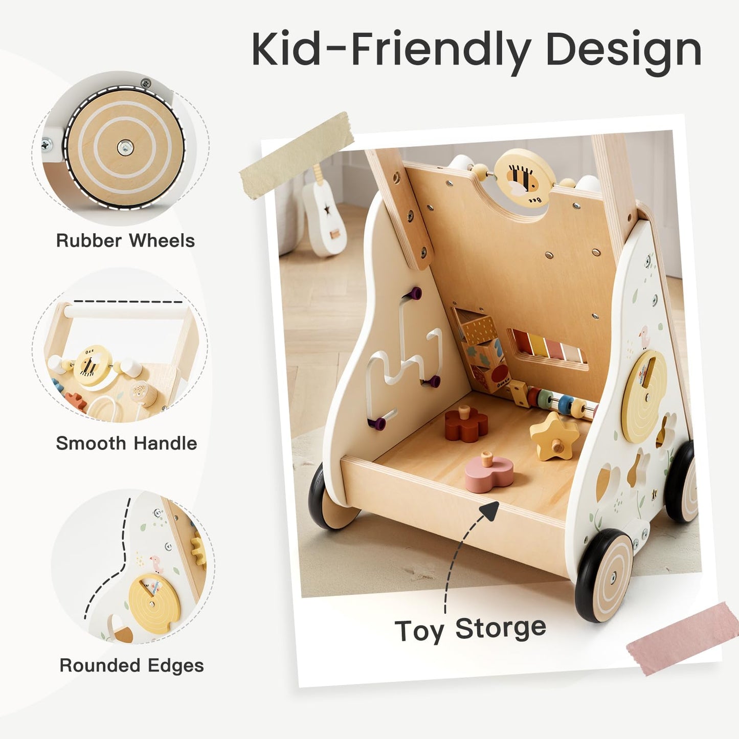 PTINFLUCE Wooden Baby Walker – Adjustable Speed & Height Montessori Push Toy
