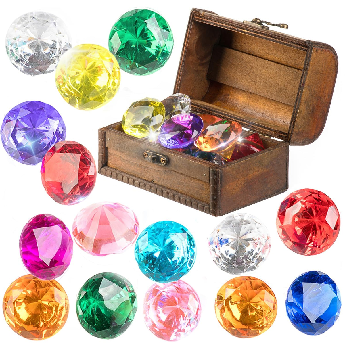 PUBGAMER Diving Gem Pool Toy — 15 Colorful Diamonds & Wooden Treasure Chest