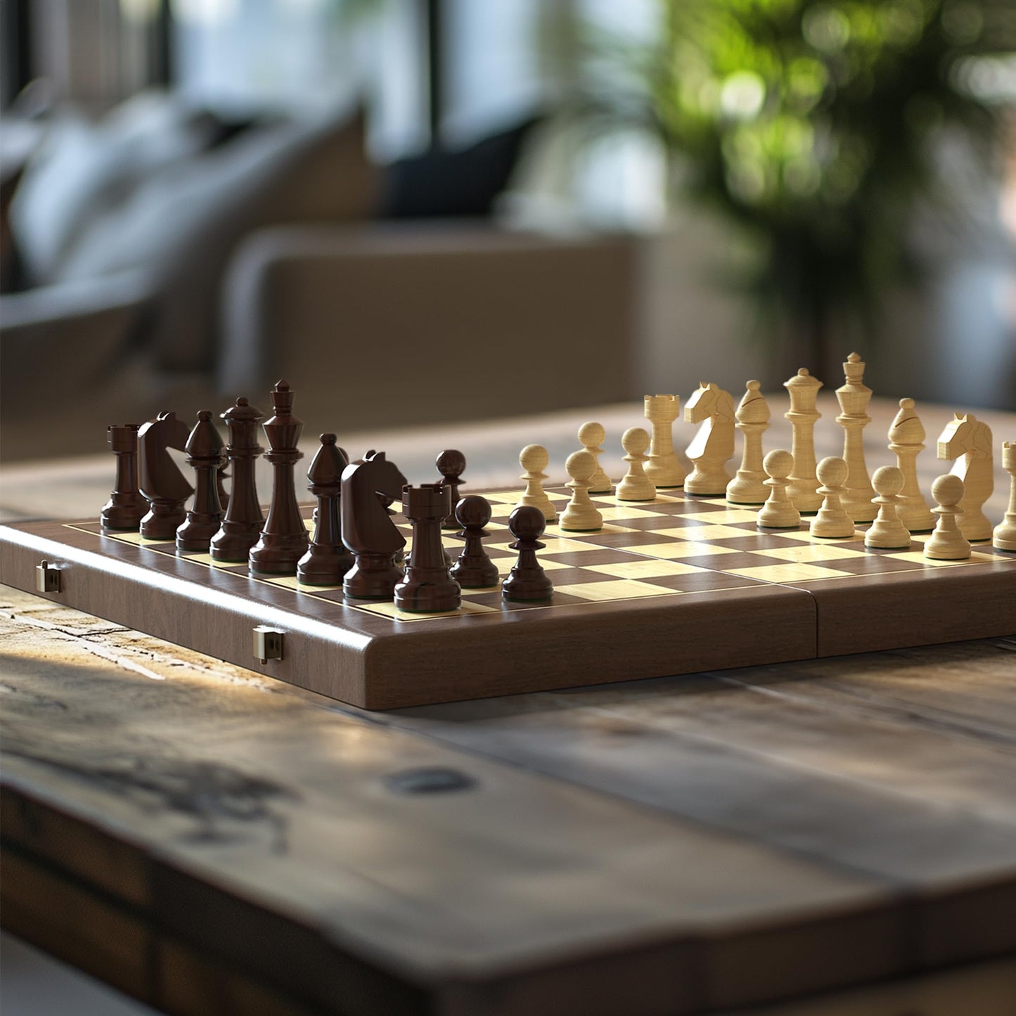 Puecrof Premium Walnut Magnetic Chess & Checkers Set – 38 cm Foldable Board, Staunton Pieces
