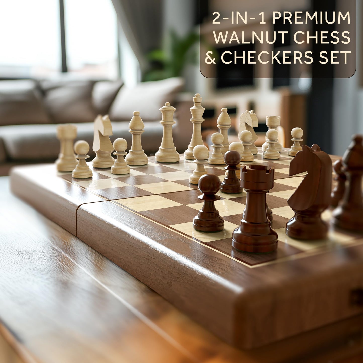 Puecrof Premium Walnut Magnetic Chess & Checkers Set – 38 cm Foldable Board, Staunton Pieces