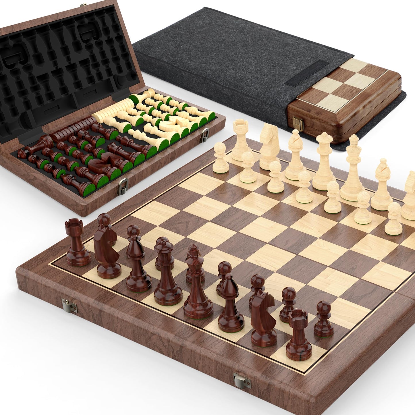 Puecrof Premium Walnut Magnetic Chess & Checkers Set – 38 cm Foldable Board, Staunton Pieces