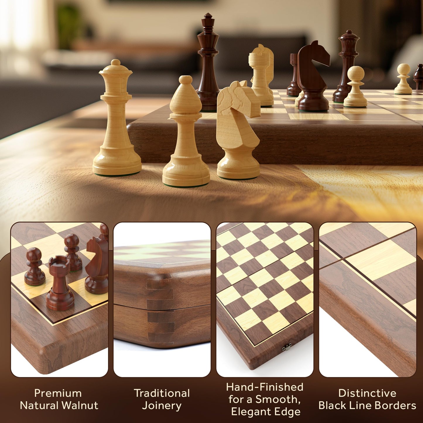 Puecrof Premium Walnut Magnetic Chess & Checkers Set – 38 cm Foldable Board, Staunton Pieces