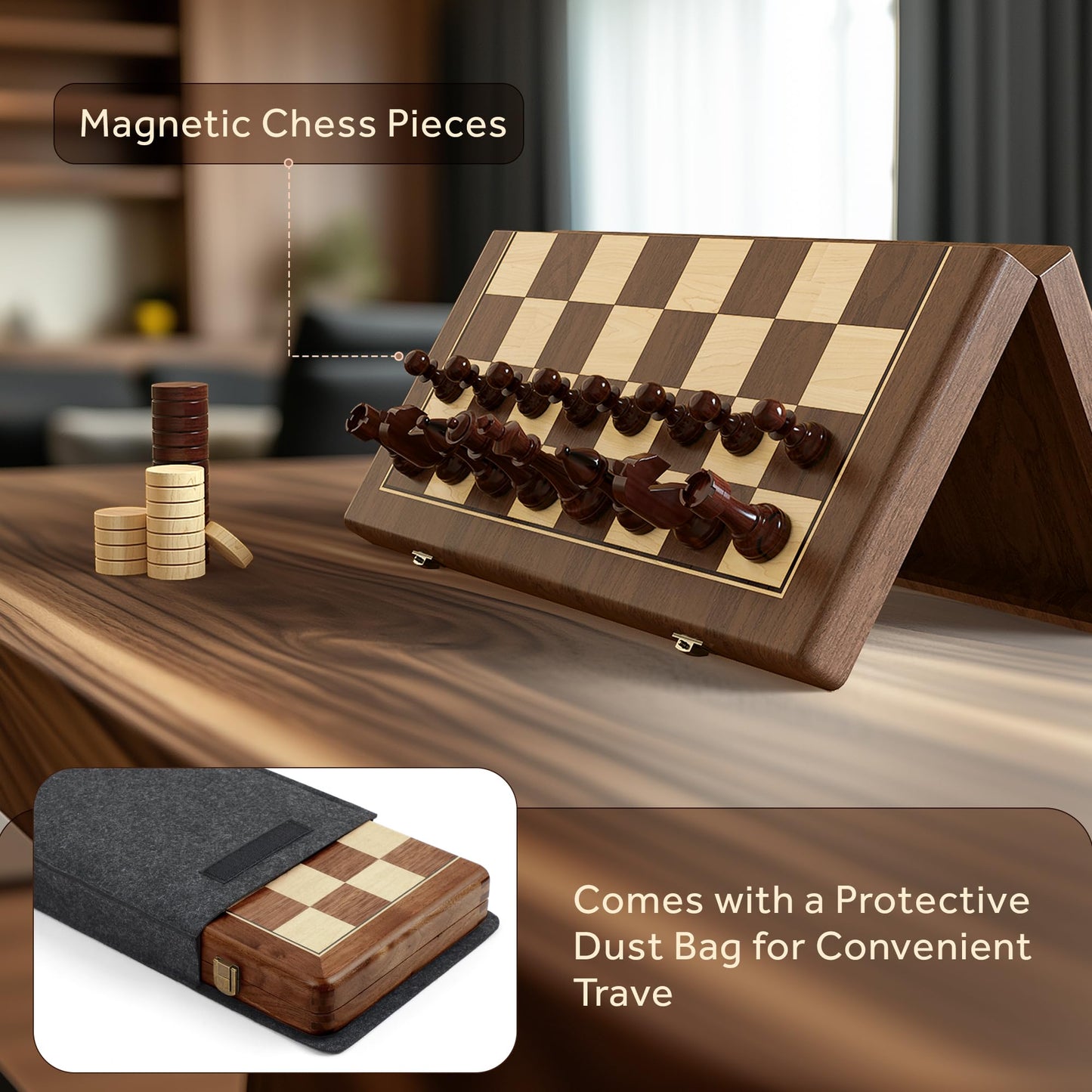 Puecrof Premium Walnut Magnetic Chess & Checkers Set – 38 cm Foldable Board, Staunton Pieces
