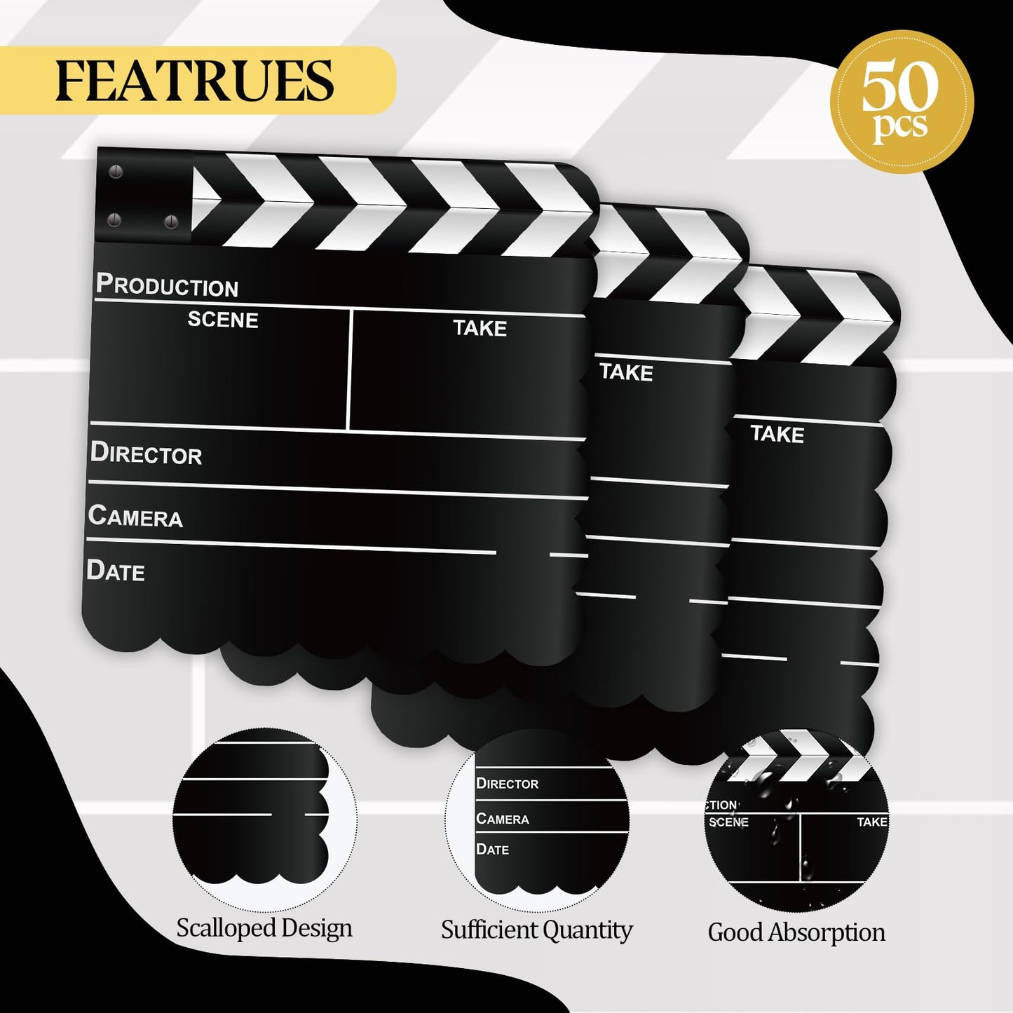 PUEVENYI 50Pcs Movie Night Scalloped Napkins – Film-Themed Disposable Table Decor
