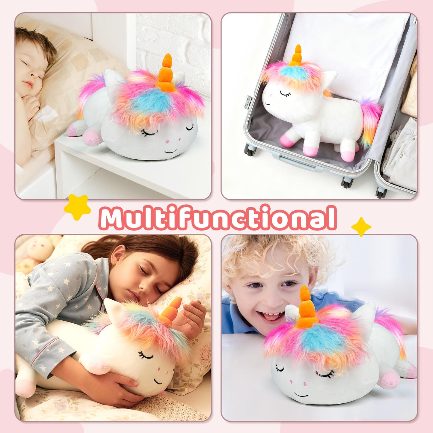 Puffpals Weighted Plush Unicorn – Pink 14in Beaded Sensory Plush (1.7lbs)