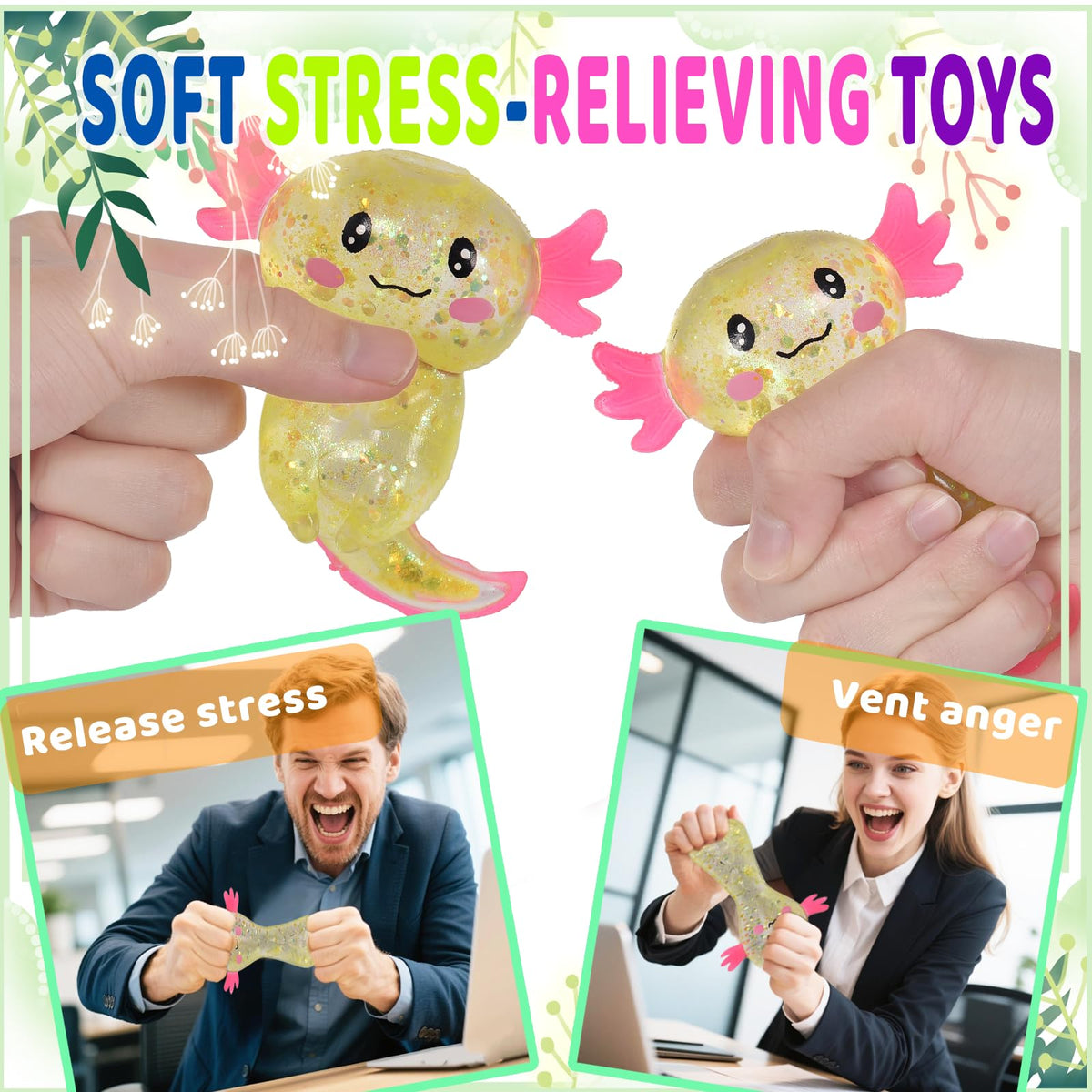 Puffwize Axolotl Squishy Stress Relief Toy – Glitter Fidget for Adults & Kids (Yellow)