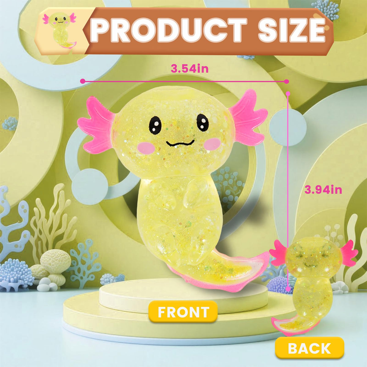 Puffwize Axolotl Squishy Stress Relief Toy – Glitter Fidget for Adults & Kids (Yellow)