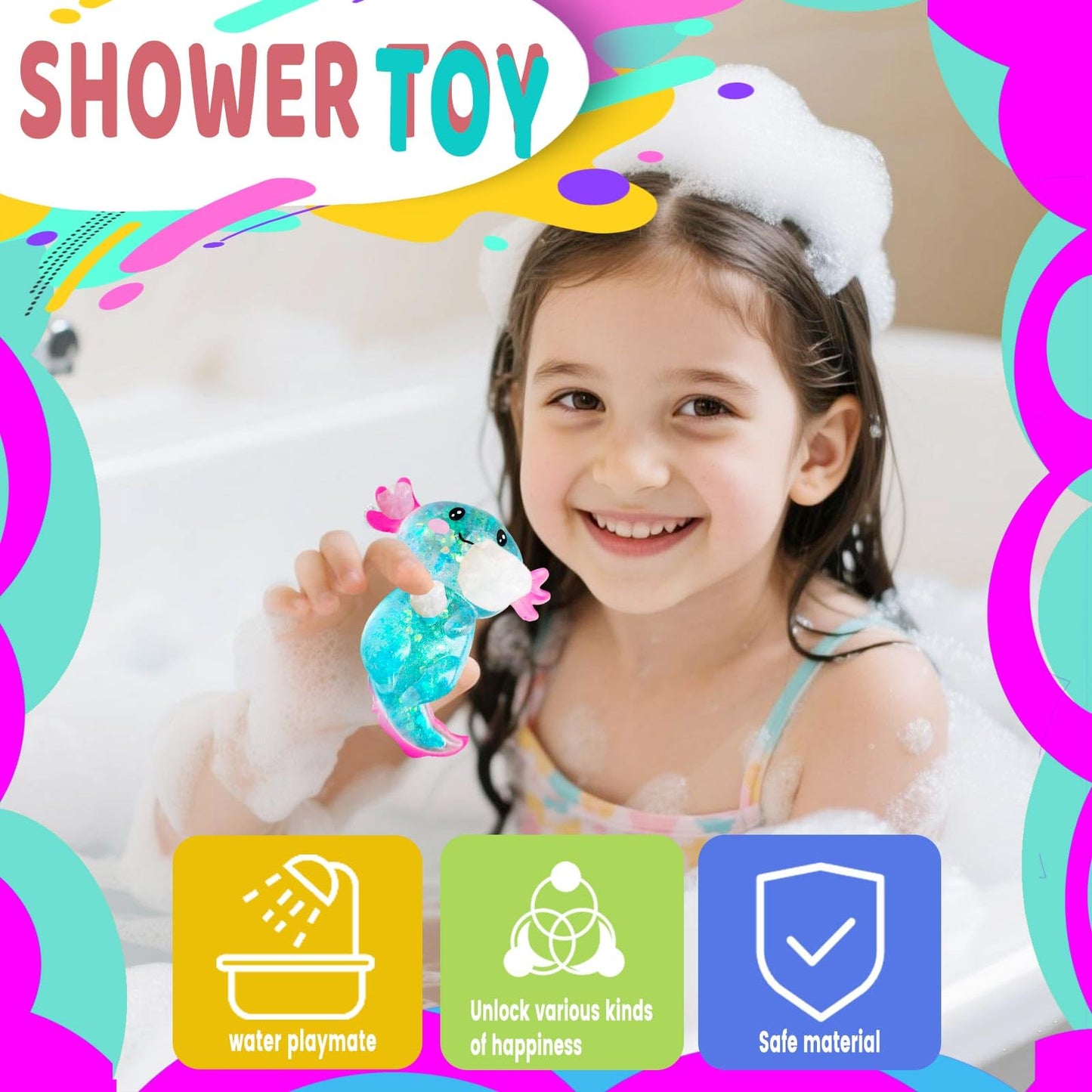 Puffwize Axolotl Squishy Stress Relief Toy – Glitter Blue Fidget Toy