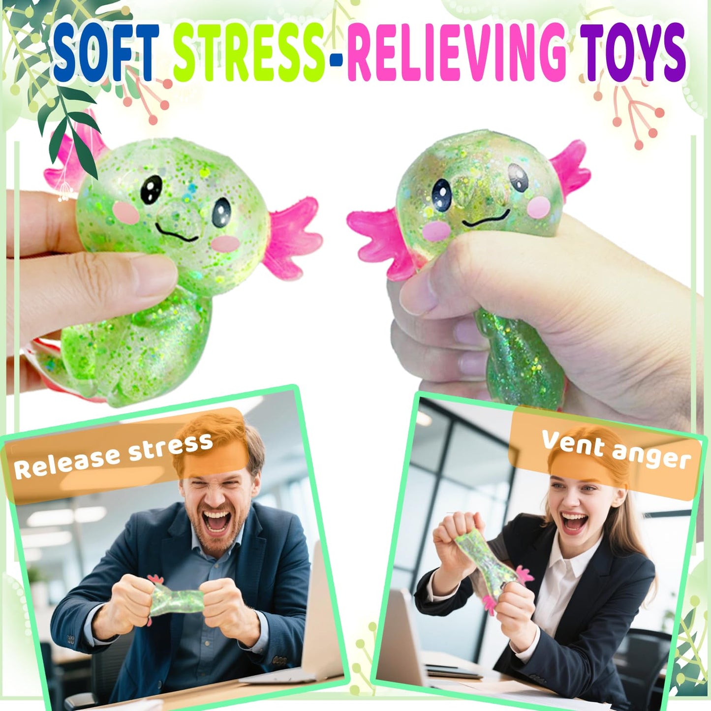 Puffwize Axolotl Squishy Stress Relief Toy – Glitter Fidget for Anxiety & Focus (Green)