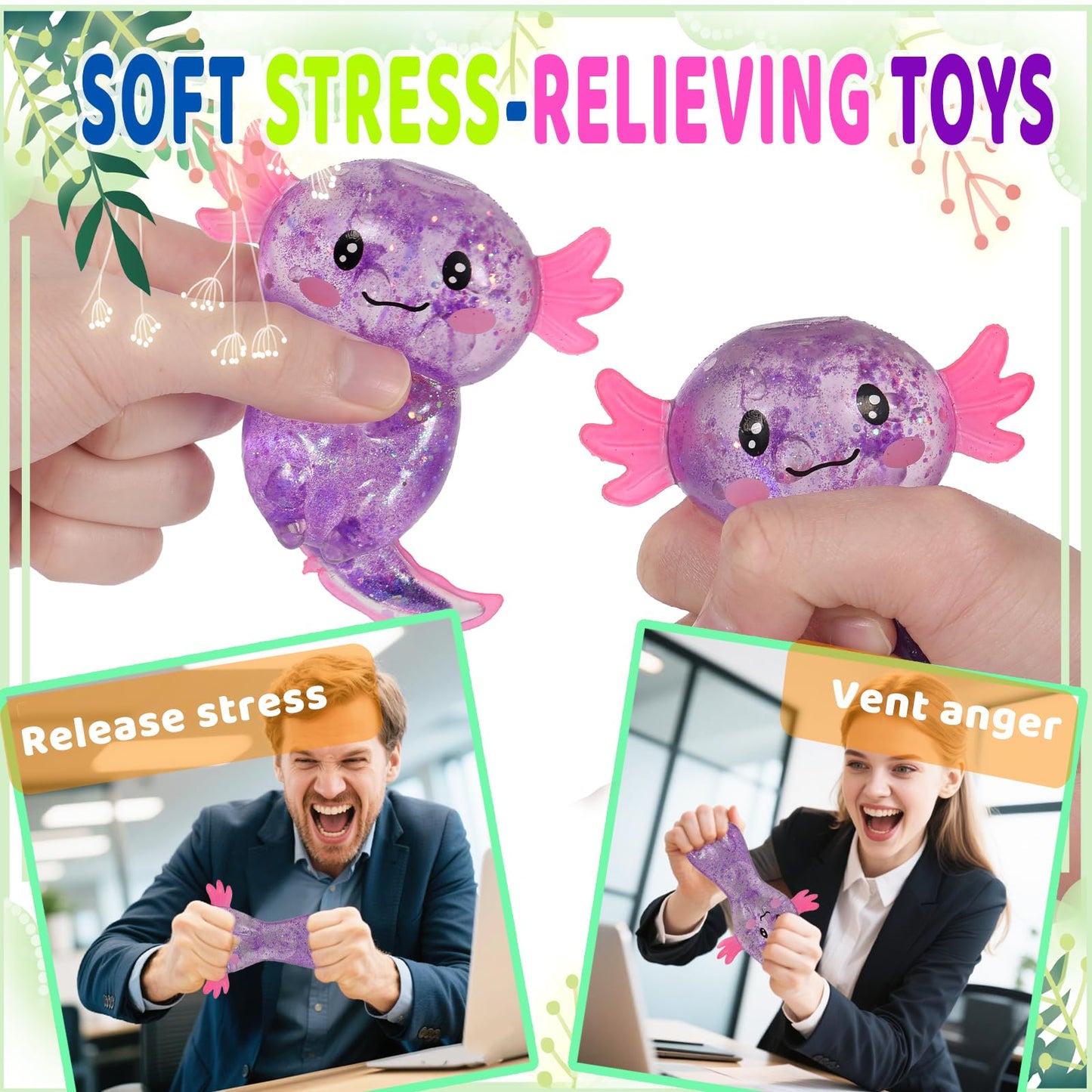Puffwize Axolotl Squishy Glitter Purple – Fidget Toy Stress Relief for Kids & Adults