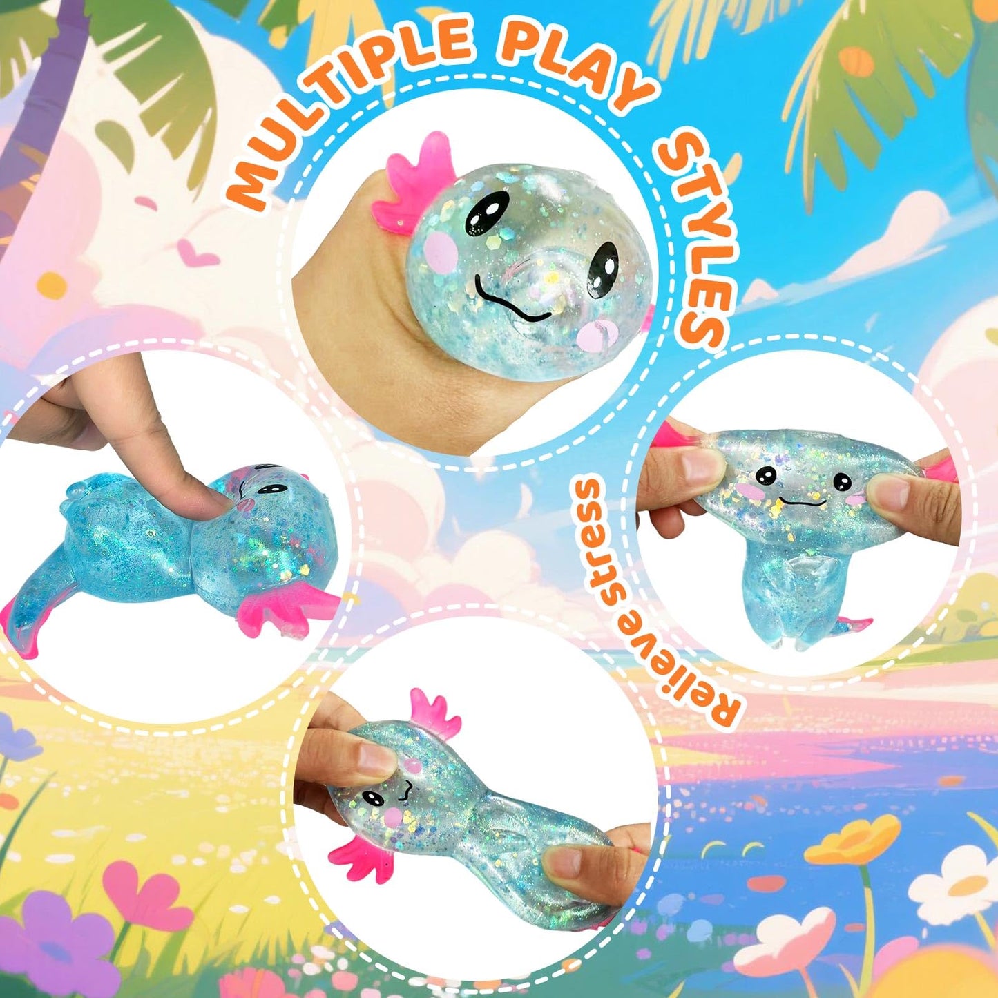 Puffwize 4-Pack Axolotl Squishy Toys | Glitter Fidget Toys for Adults & Kids