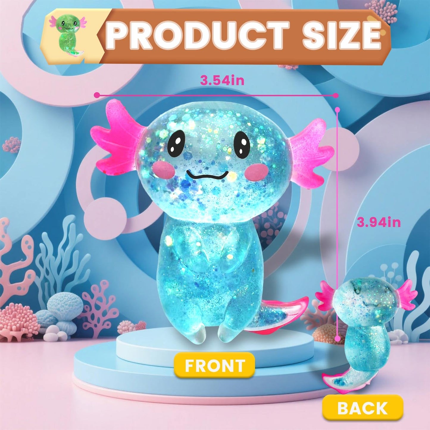 Puffwize 4-Pack Axolotl Squishy Toys | Glitter Fidget Toys for Adults & Kids