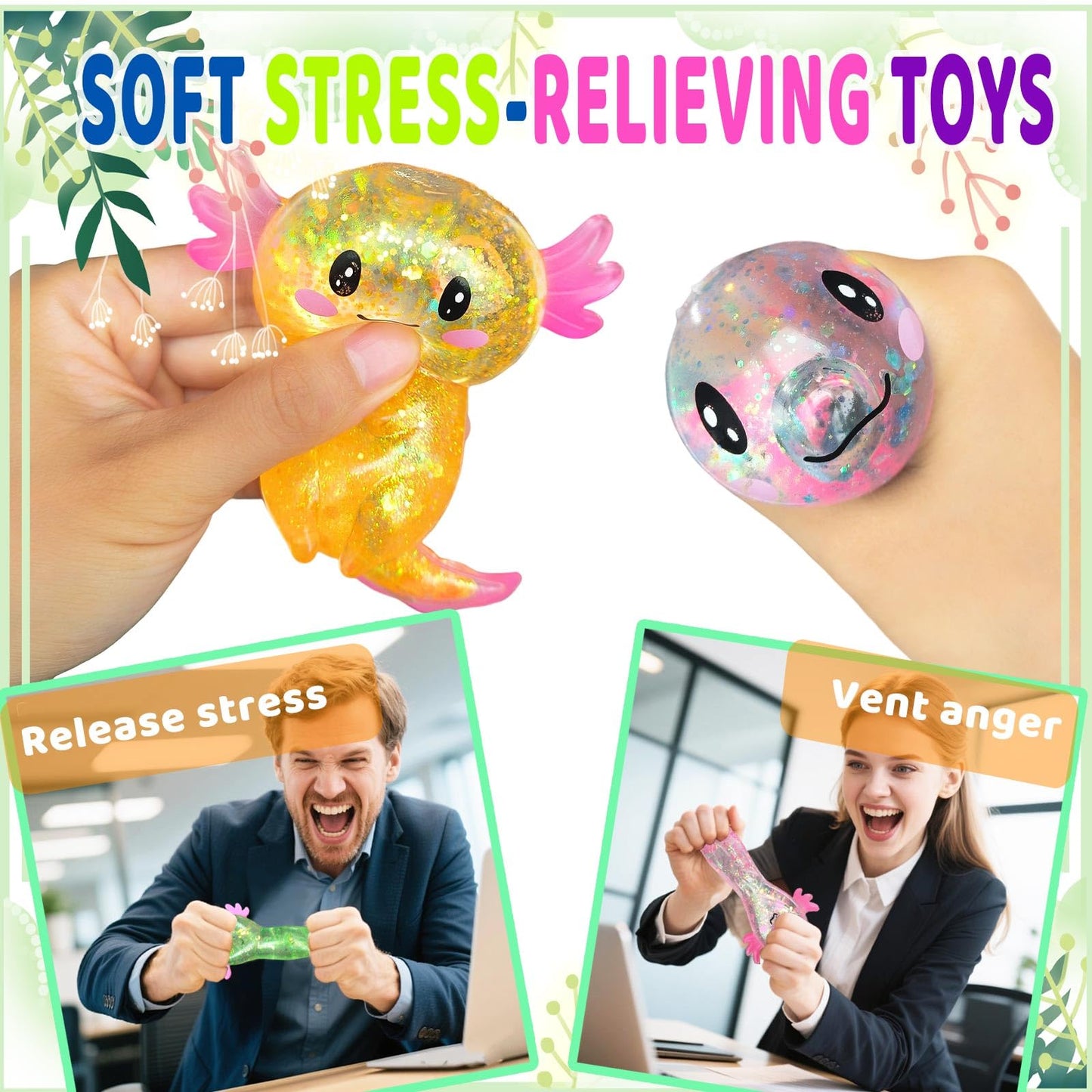 Puffwize 4-Pack Axolotl Squishy Toys | Glitter Fidget Toys for Adults & Kids