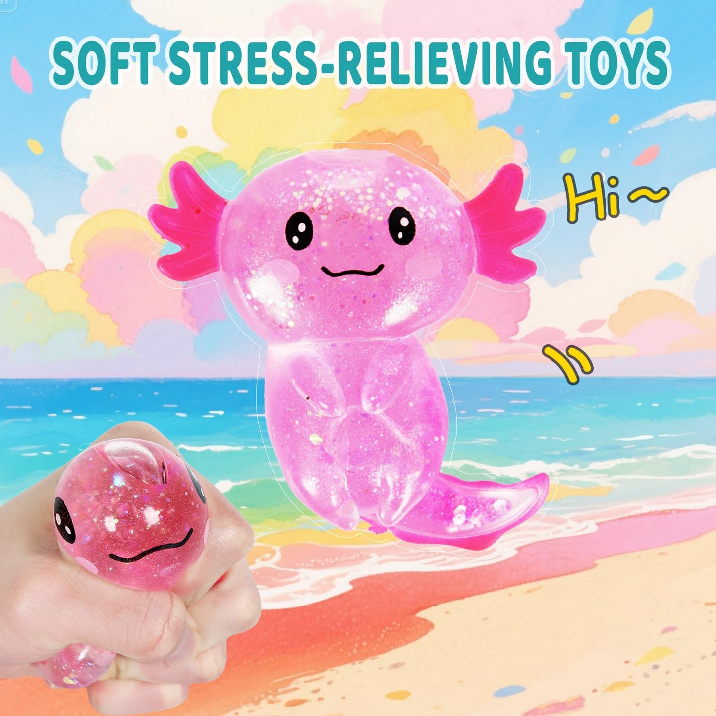 Puffwize Axolotl Squishy Toy Glitter Fidget for Stress Relief & Focus (Pink)