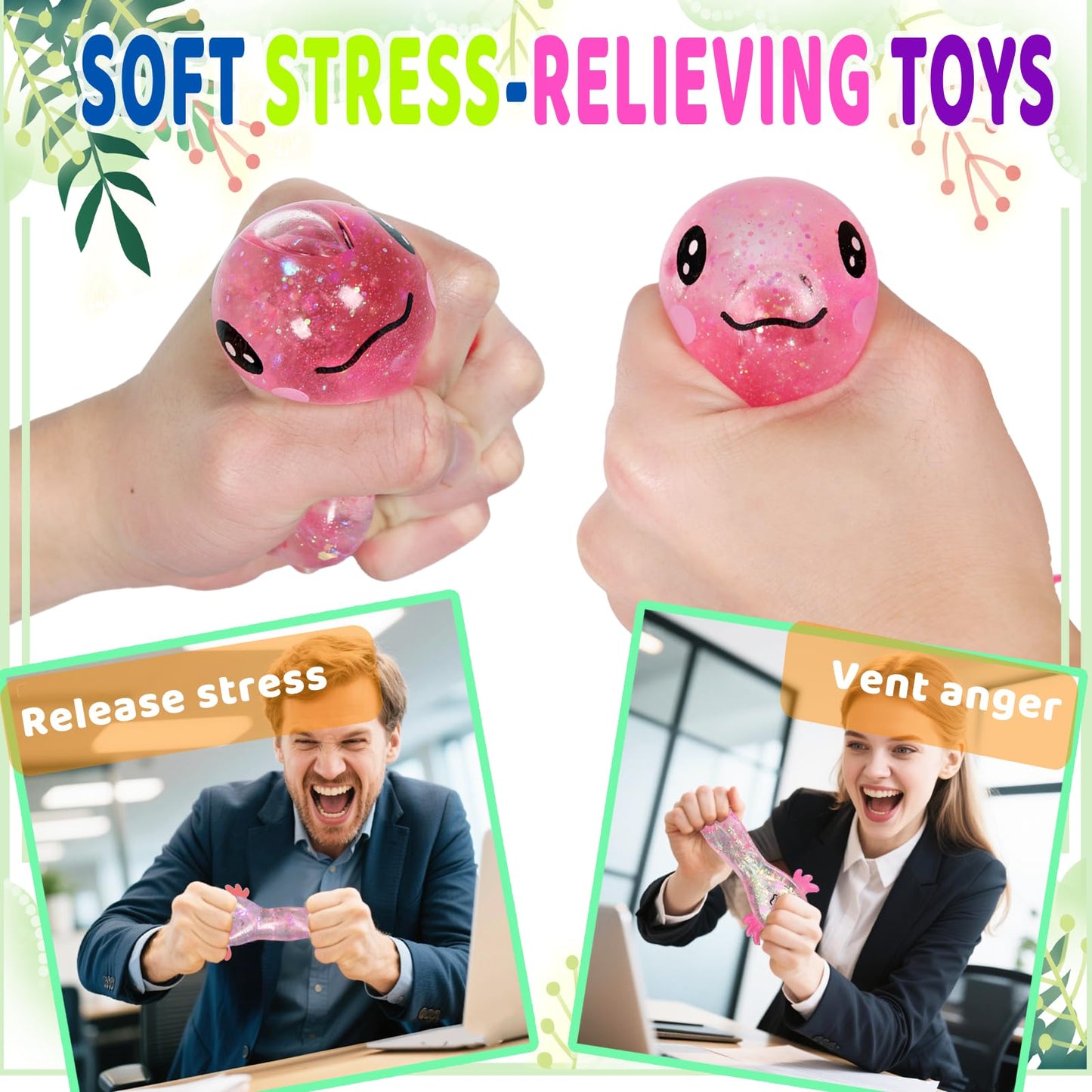 Puffwize Axolotl Squishy Toy Glitter Fidget for Stress Relief & Focus (Pink)