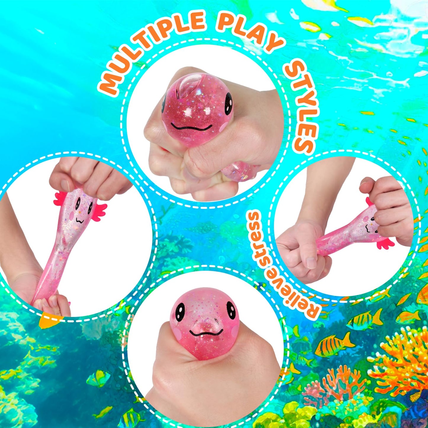 Puffwize Axolotl Squishy Toy Glitter Fidget for Stress Relief & Focus (Pink)