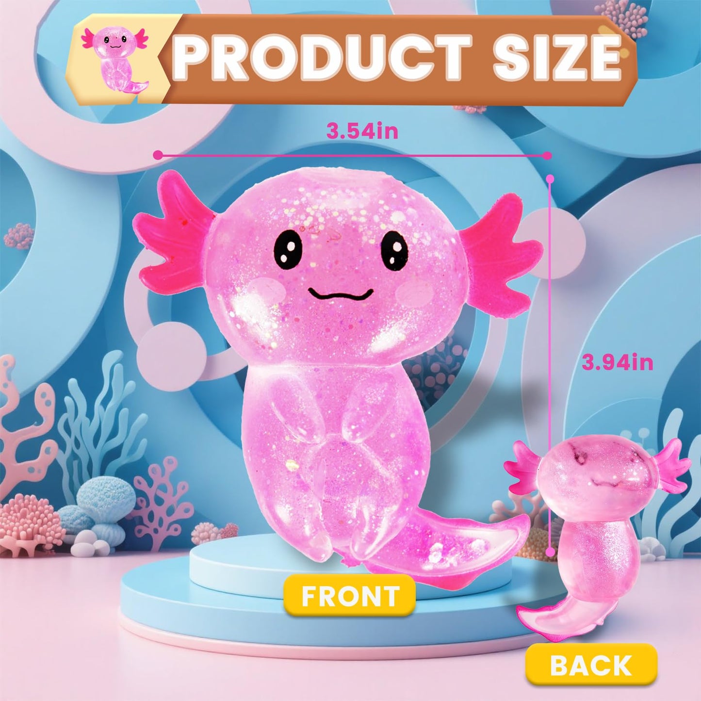 Puffwize Axolotl Squishy Toy Glitter Fidget for Stress Relief & Focus (Pink)