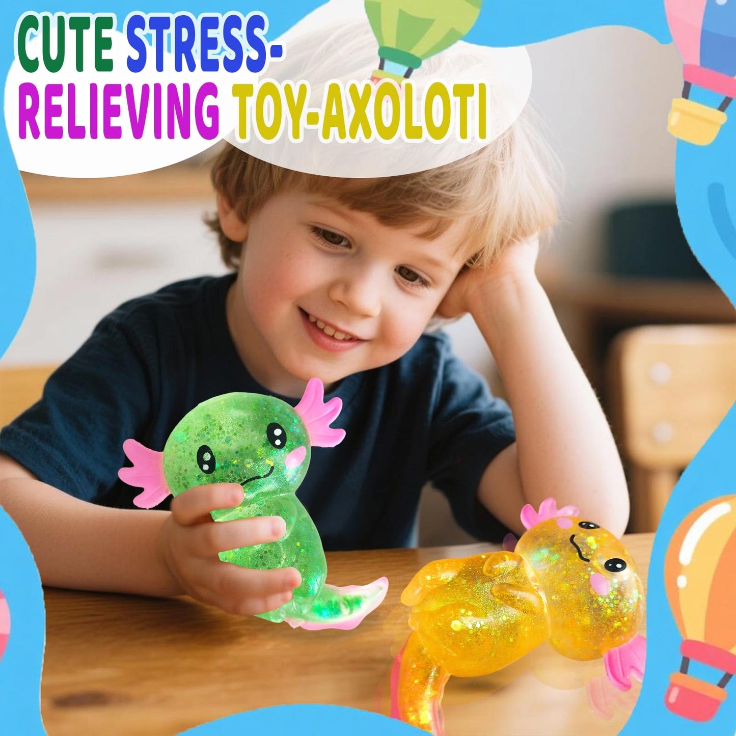 Puffwize 4-Pack Axolotl Squishy Toys | Glitter Fidget Toys for Adults & Kids