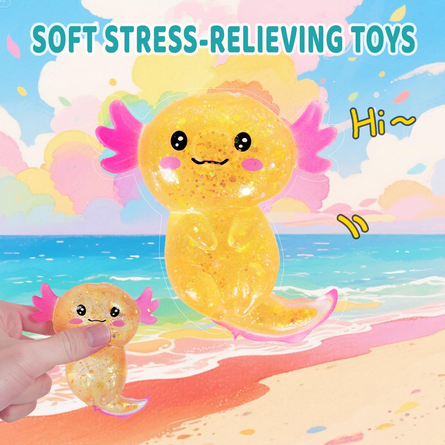Puffwize Axolotl Squishy Stress Relief Toy - Glitter Orange Fidget Toy for Adults and Kids