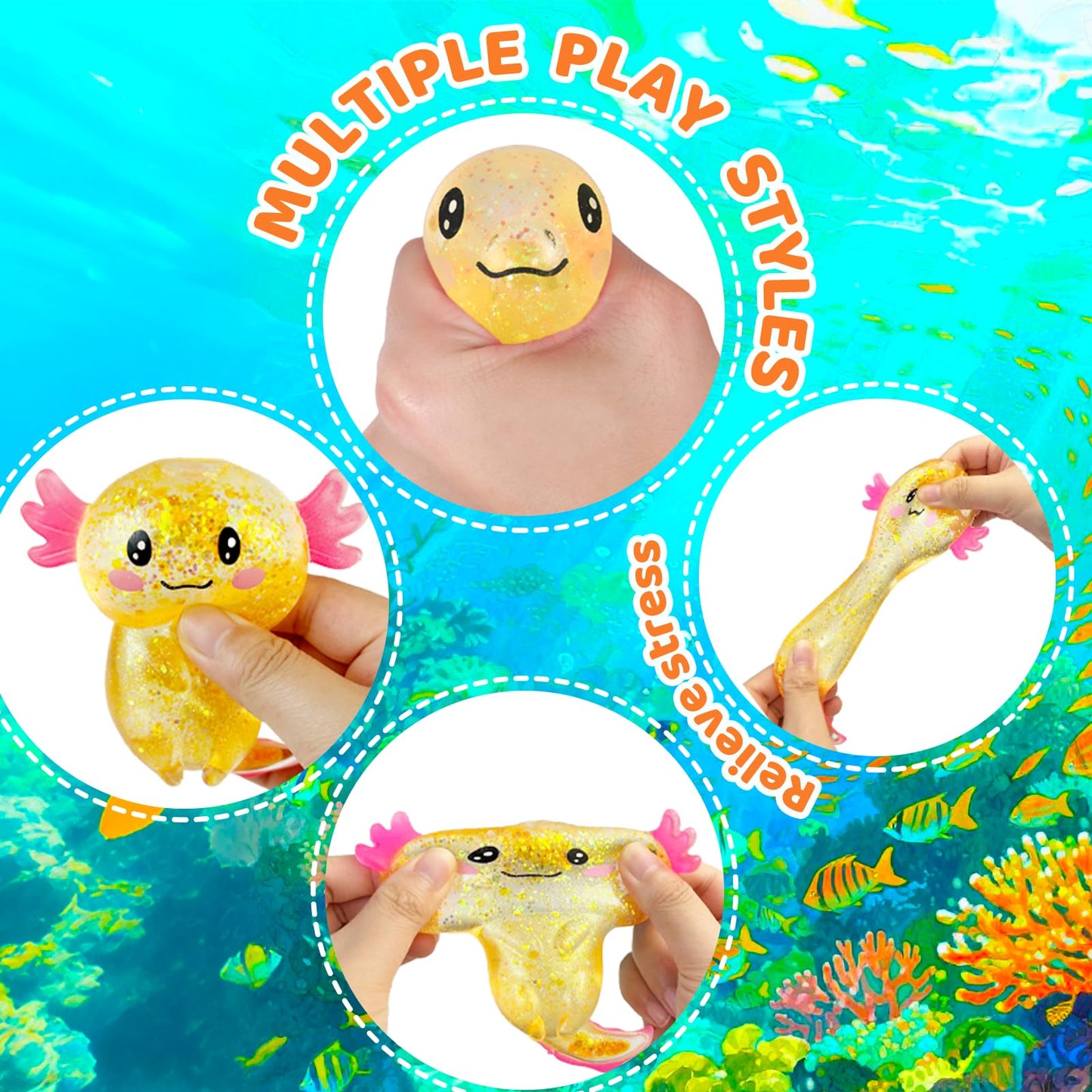 Puffwize Axolotl Squishy Stress Relief Toy - Glitter Orange Fidget Toy for Adults and Kids