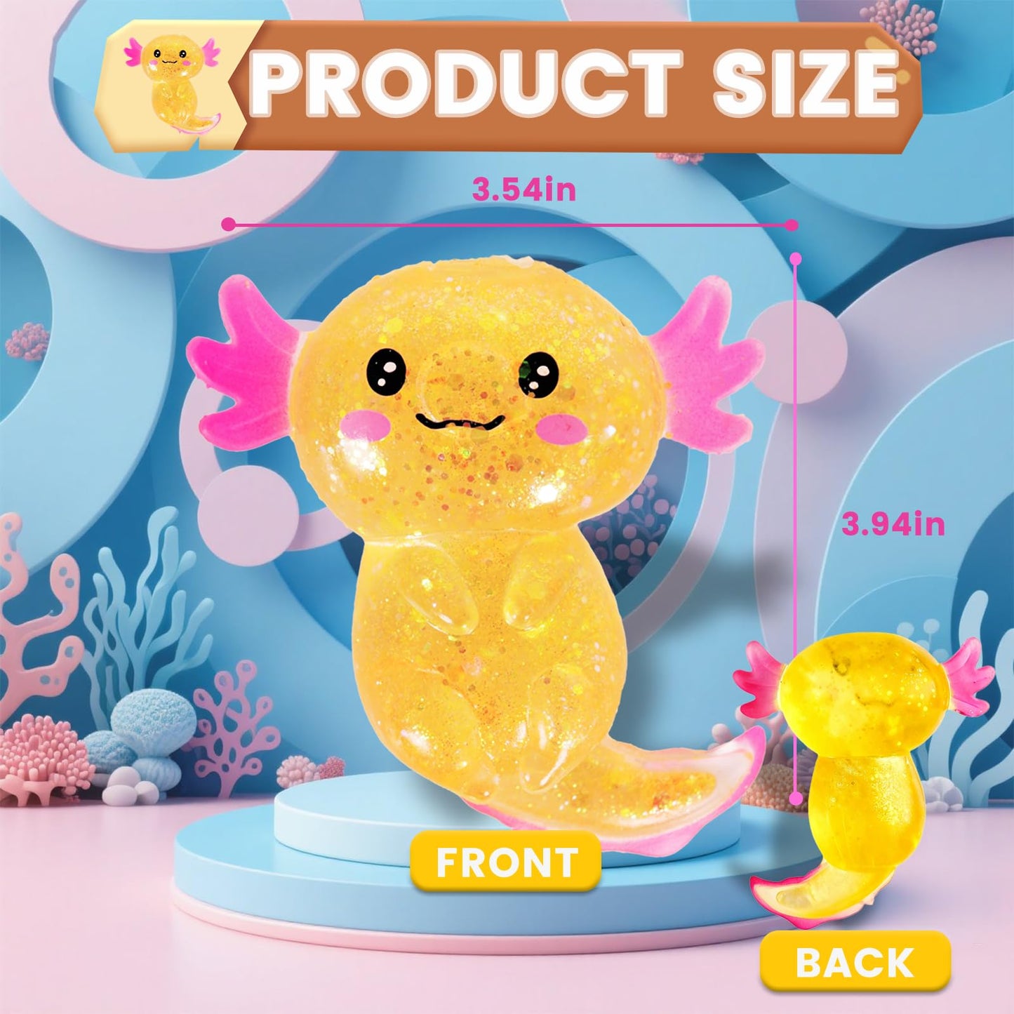 Puffwize Axolotl Squishy Stress Relief Toy - Glitter Orange Fidget Toy for Adults and Kids