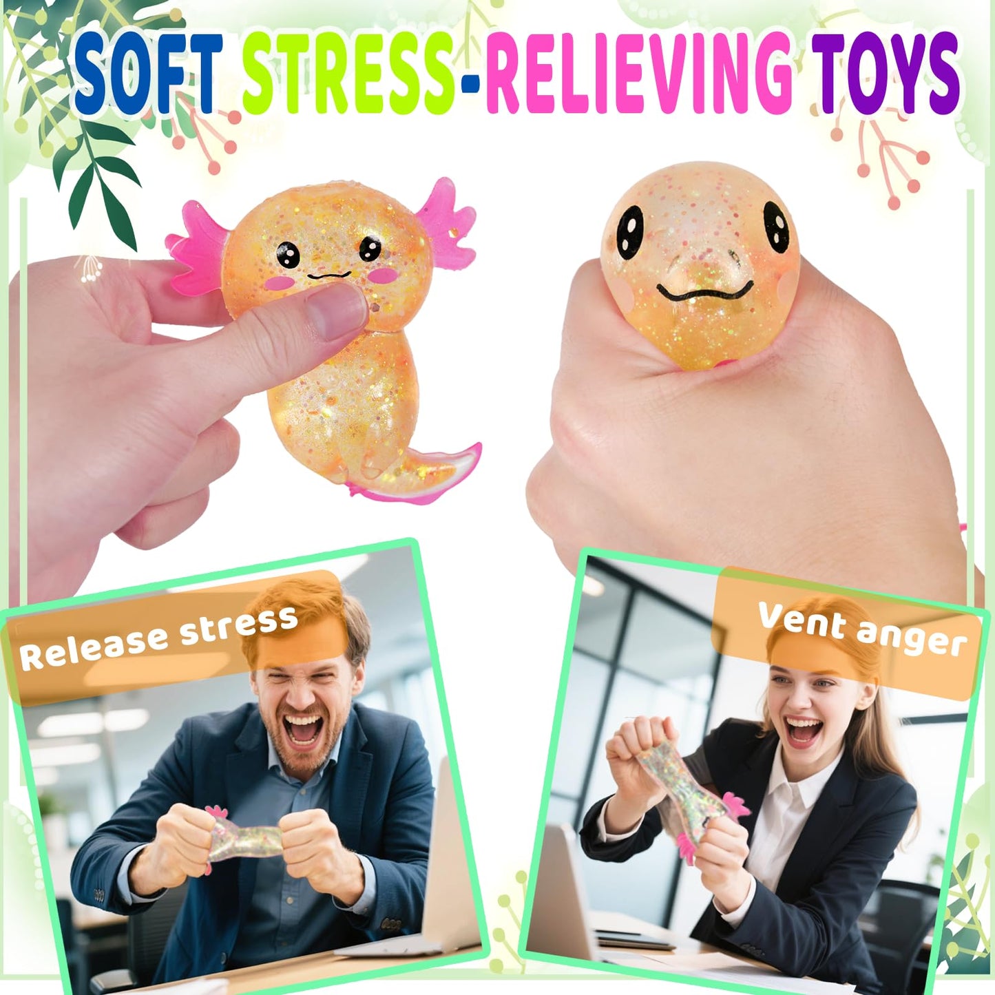 Puffwize Axolotl Squishy Stress Relief Toy - Glitter Orange Fidget Toy for Adults and Kids