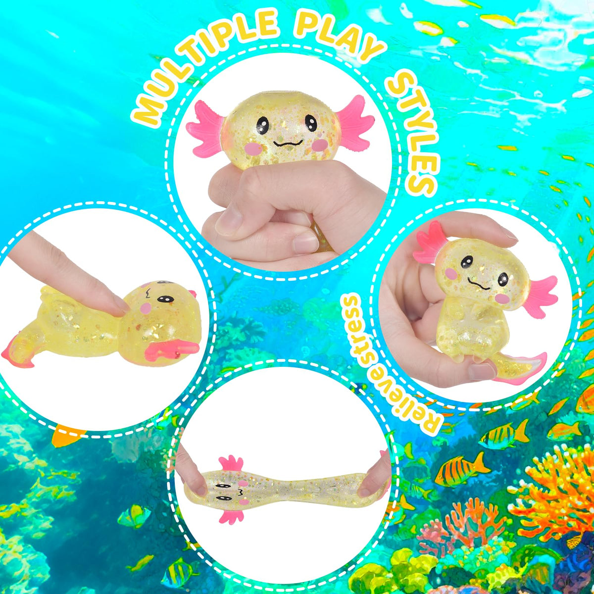 Puffwize Axolotl Squishy Stress Relief Toy – Glitter Fidget for Adults & Kids (Yellow)