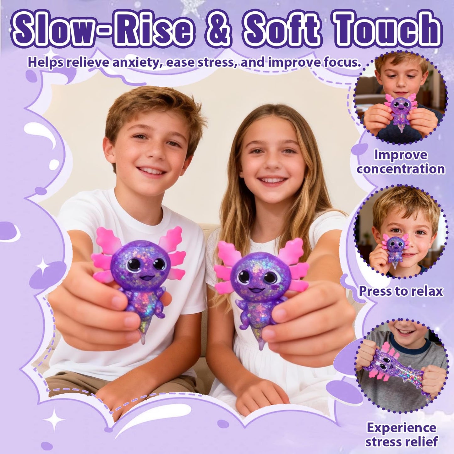 Puffwize Axolotl Squishy Toy – Slow-Rising Fidget for Focus & Stress Relief (Purple)