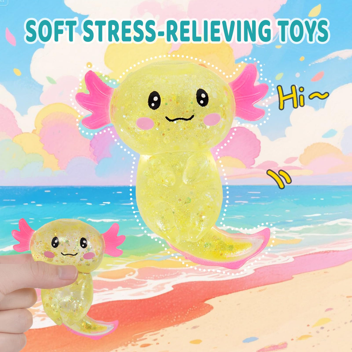 Puffwize Axolotl Squishy Stress Relief Toy – Glitter Fidget for Adults & Kids (Yellow)