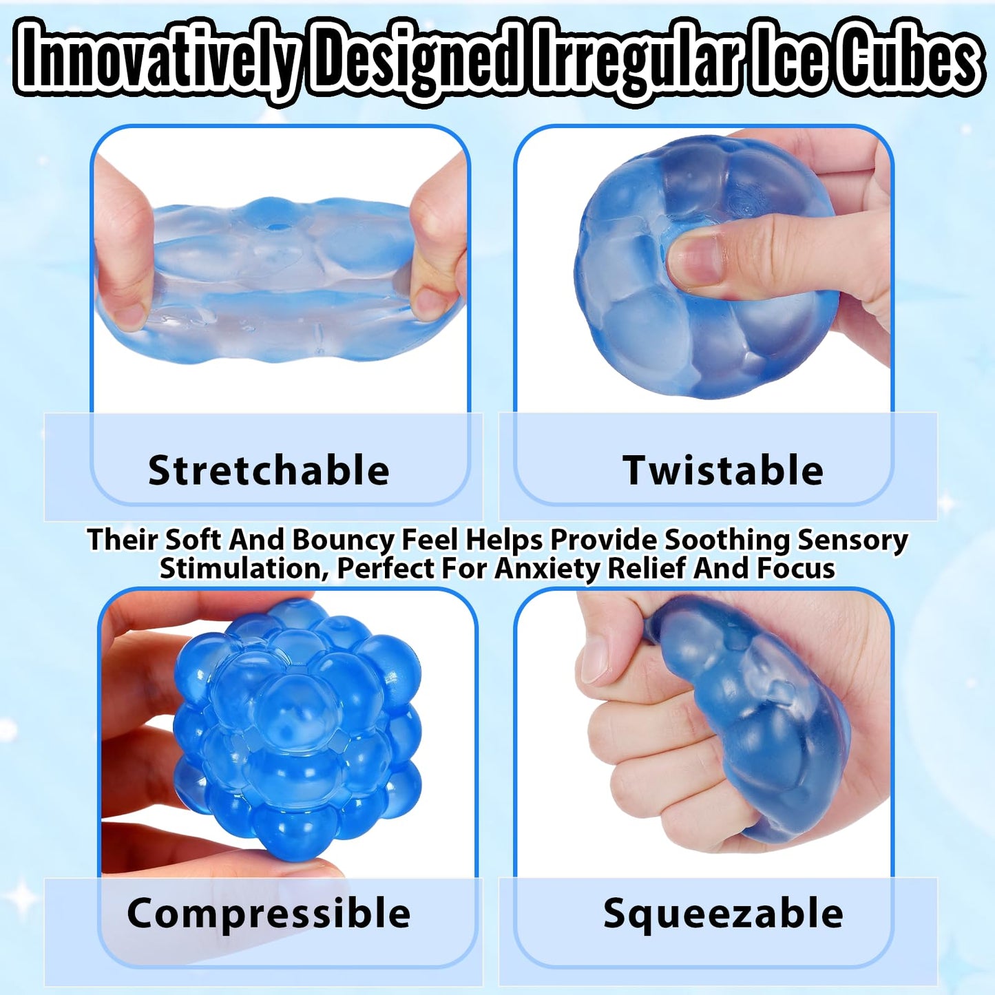 Puffwize Ice Cube Squishy Fidget Toy — 1.96 in Portable Irregular Block Stress Ball (Blue)