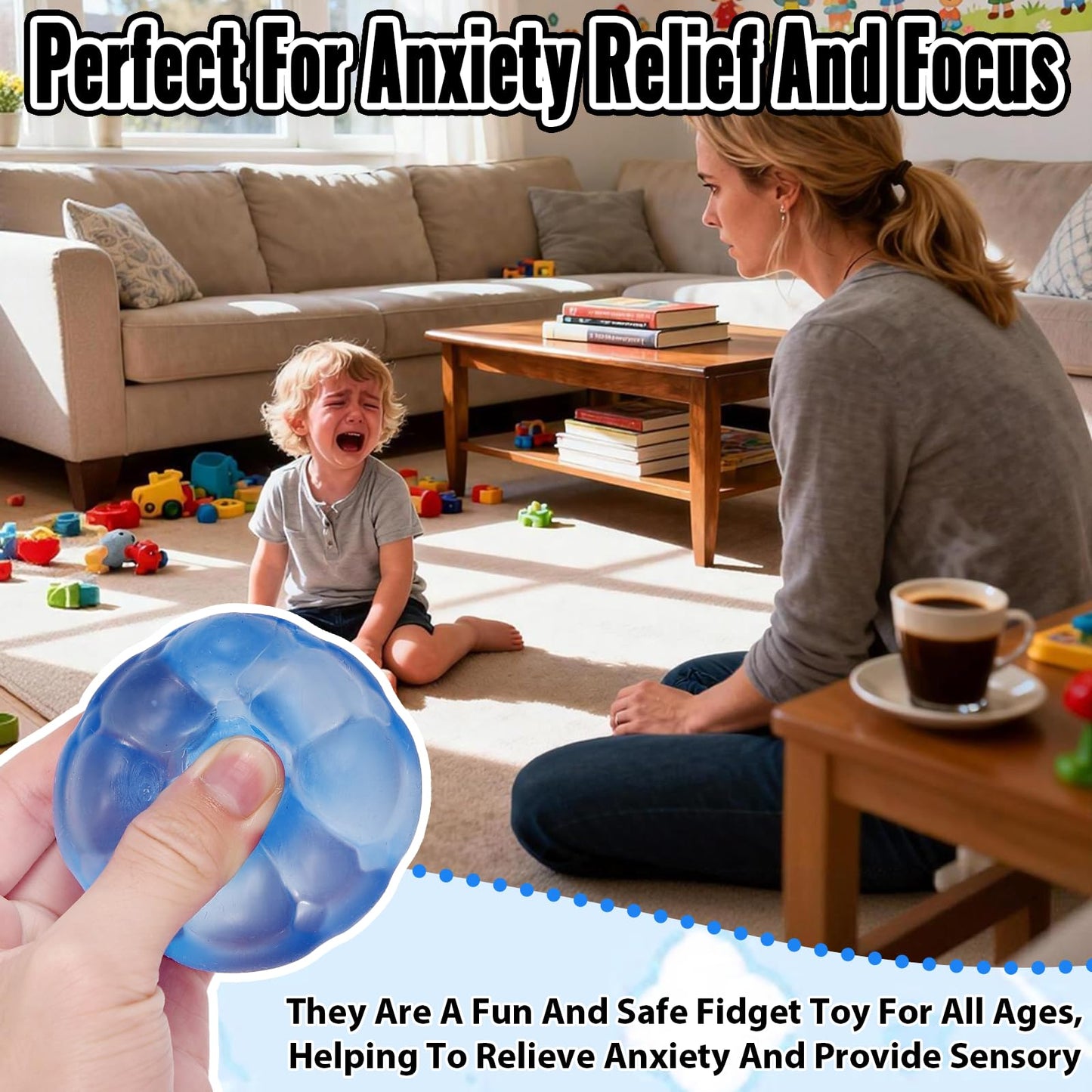 Puffwize Ice Cube Squishy Fidget Toy — 1.96 in Portable Irregular Block Stress Ball (Blue)