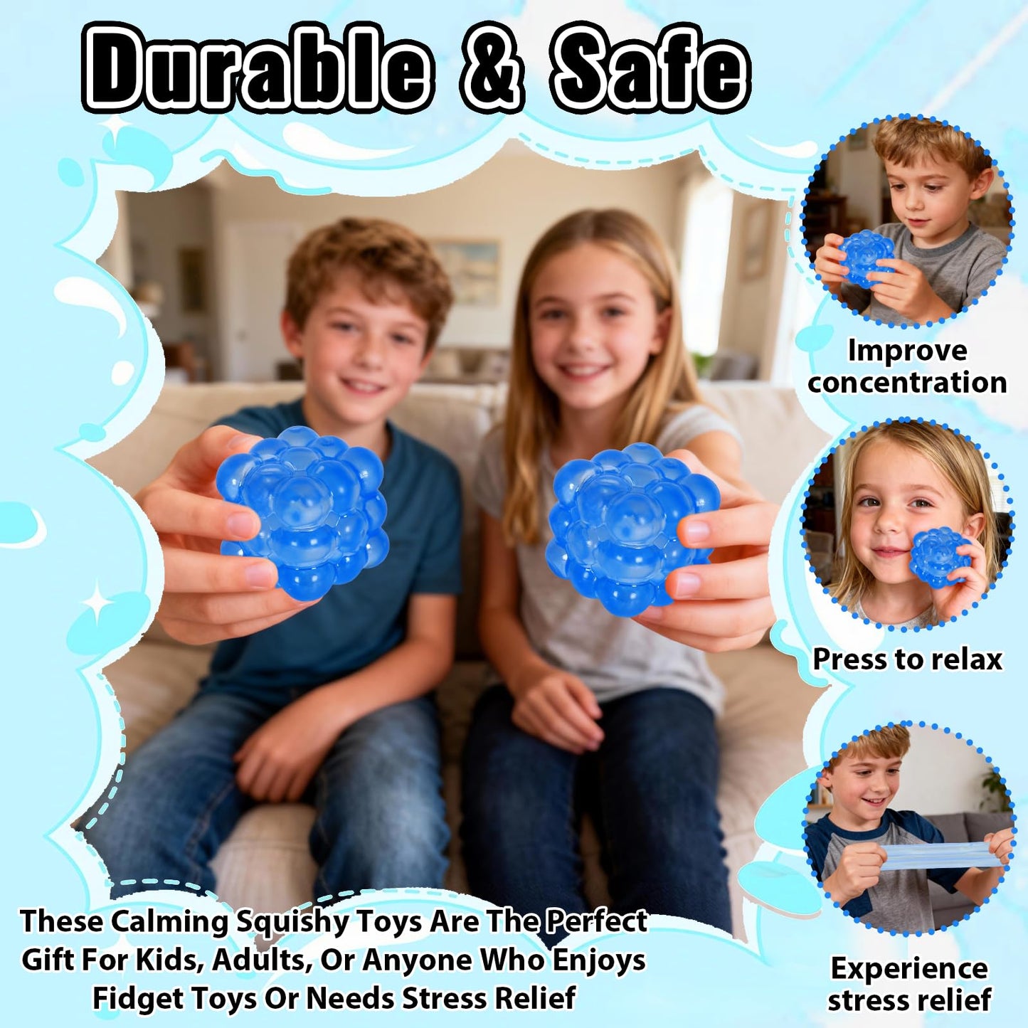 Puffwize Ice Cube Squishy Fidget Toy — 1.96 in Portable Irregular Block Stress Ball (Blue)