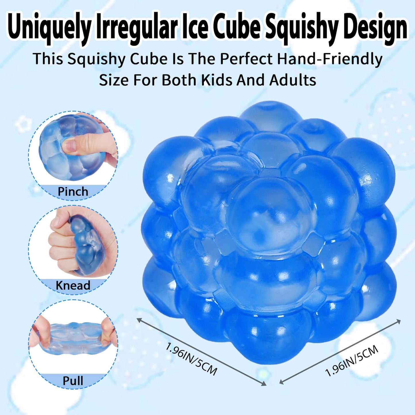 Puffwize Ice Cube Squishy Fidget Toy — 1.96 in Portable Irregular Block Stress Ball (Blue)