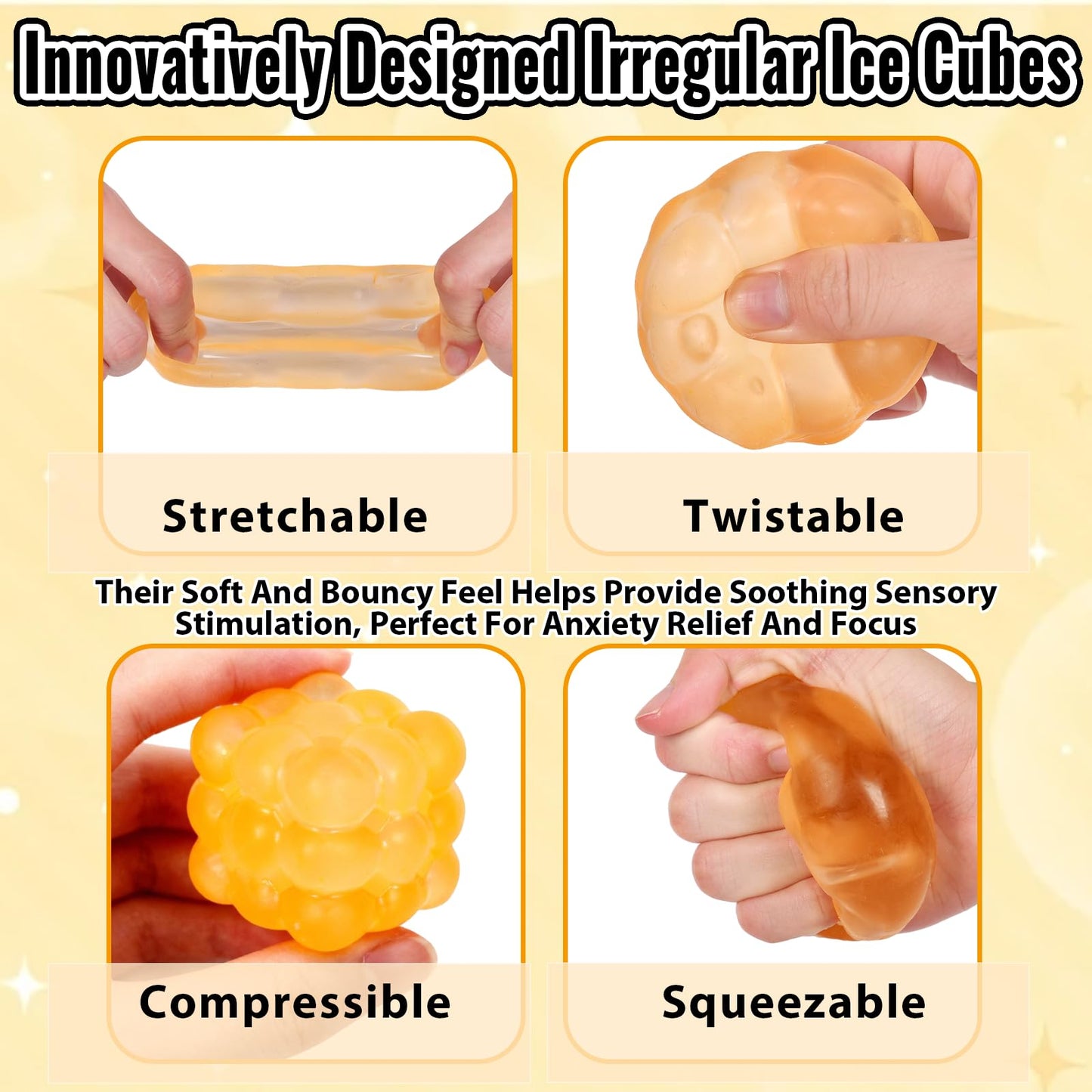 Puffwize Ice Cube Squishy Fidget Toy – 1.96 in Stress Ball (Yellow)
