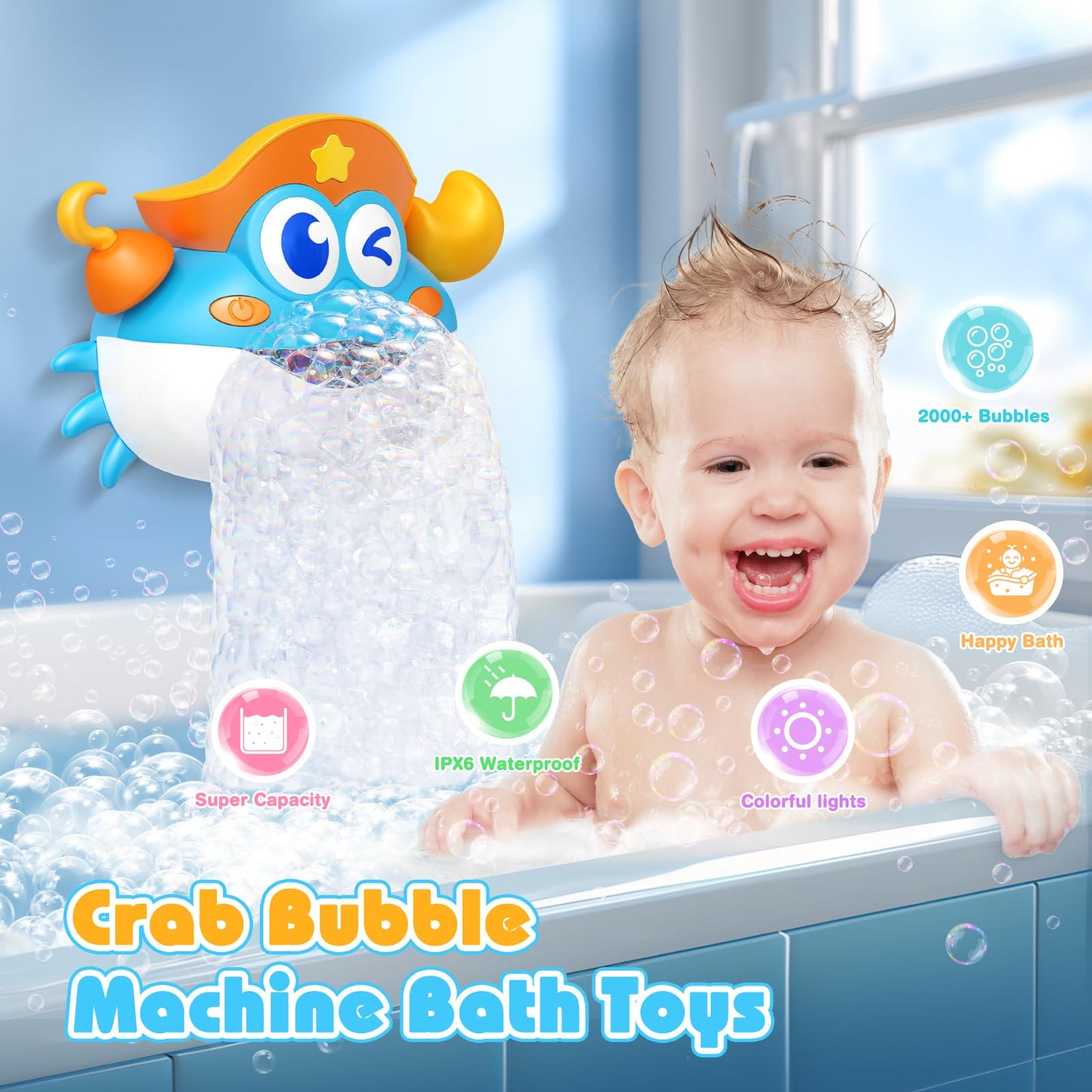 Puidapo Rechargeable Crab Bath Toy — Light Up Bubble Machine with RGB LEDs