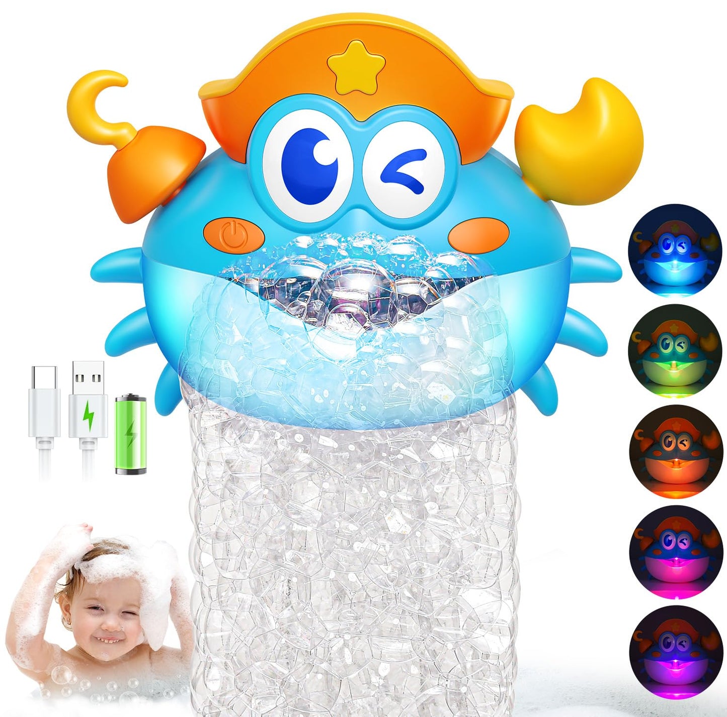 Puidapo Rechargeable Crab Bath Toy — Light Up Bubble Machine with RGB LEDs