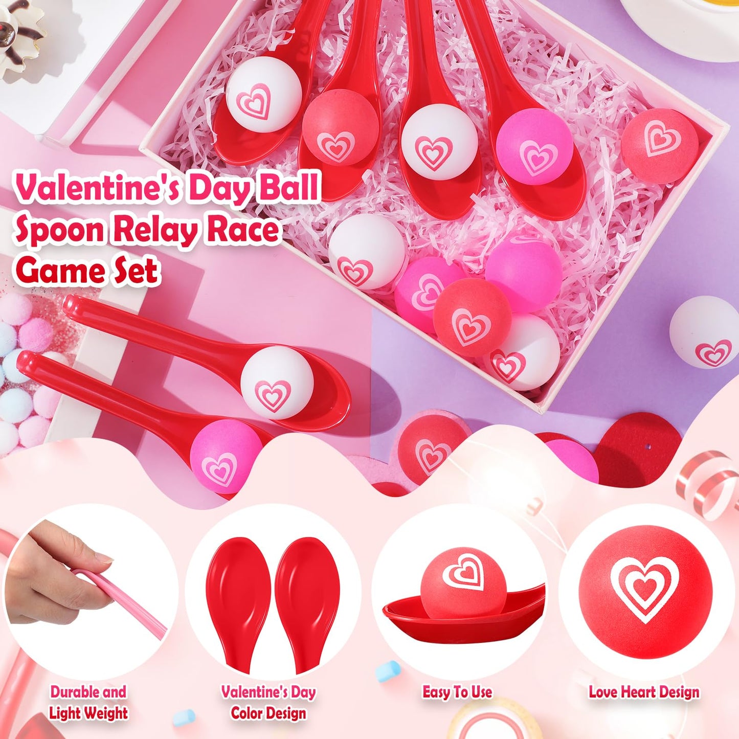 PullCrease Valentine Spoon Relay Race Set – 24 Spoons & 24 Heart Balls for Indoor & Outdoor Fun